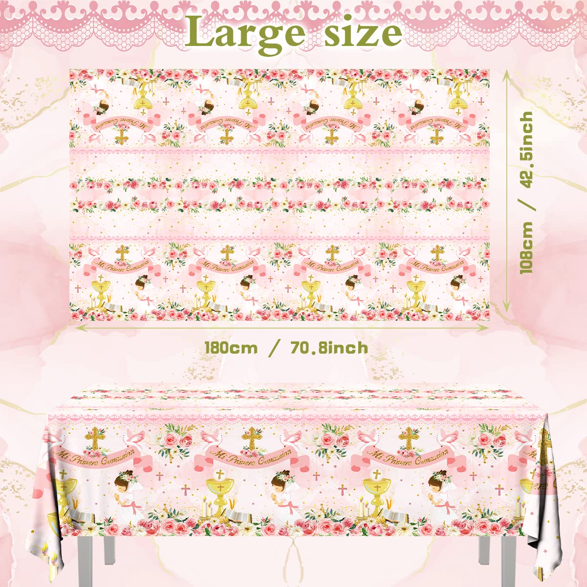 Gupesxu First Communion Decorations-3pcs Pink Mi Primera Comunion Tablecloth Baptism Table Covers for Girl Newborn Baby Shower Table Cloth for First