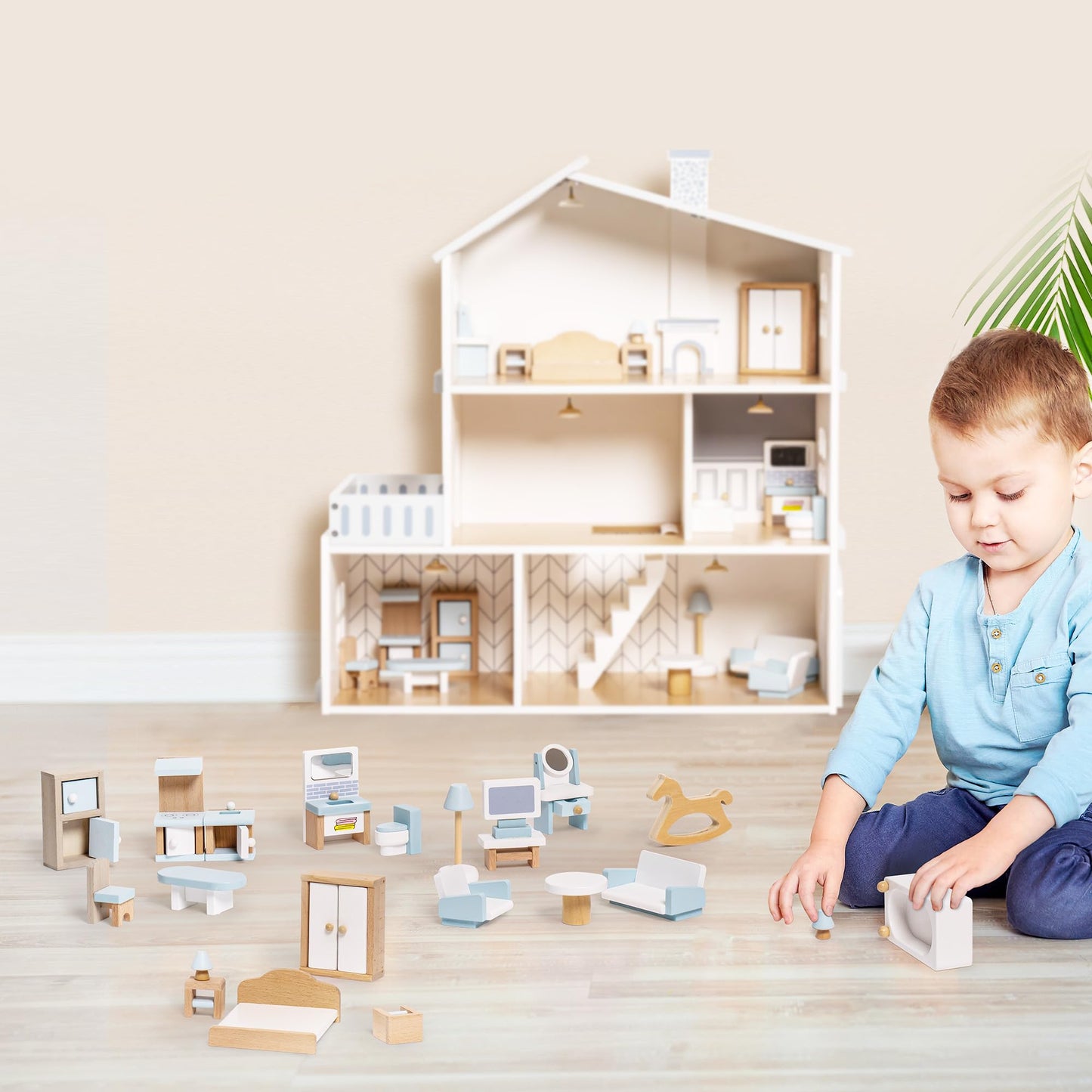 ROBUD Wooden Dollhouse Furniture Set, 23 Pcs Dollhouse Accessories, Miniature Furniture Including 5 Room Kits, Dollhouse Furniture Pretend Play Toys