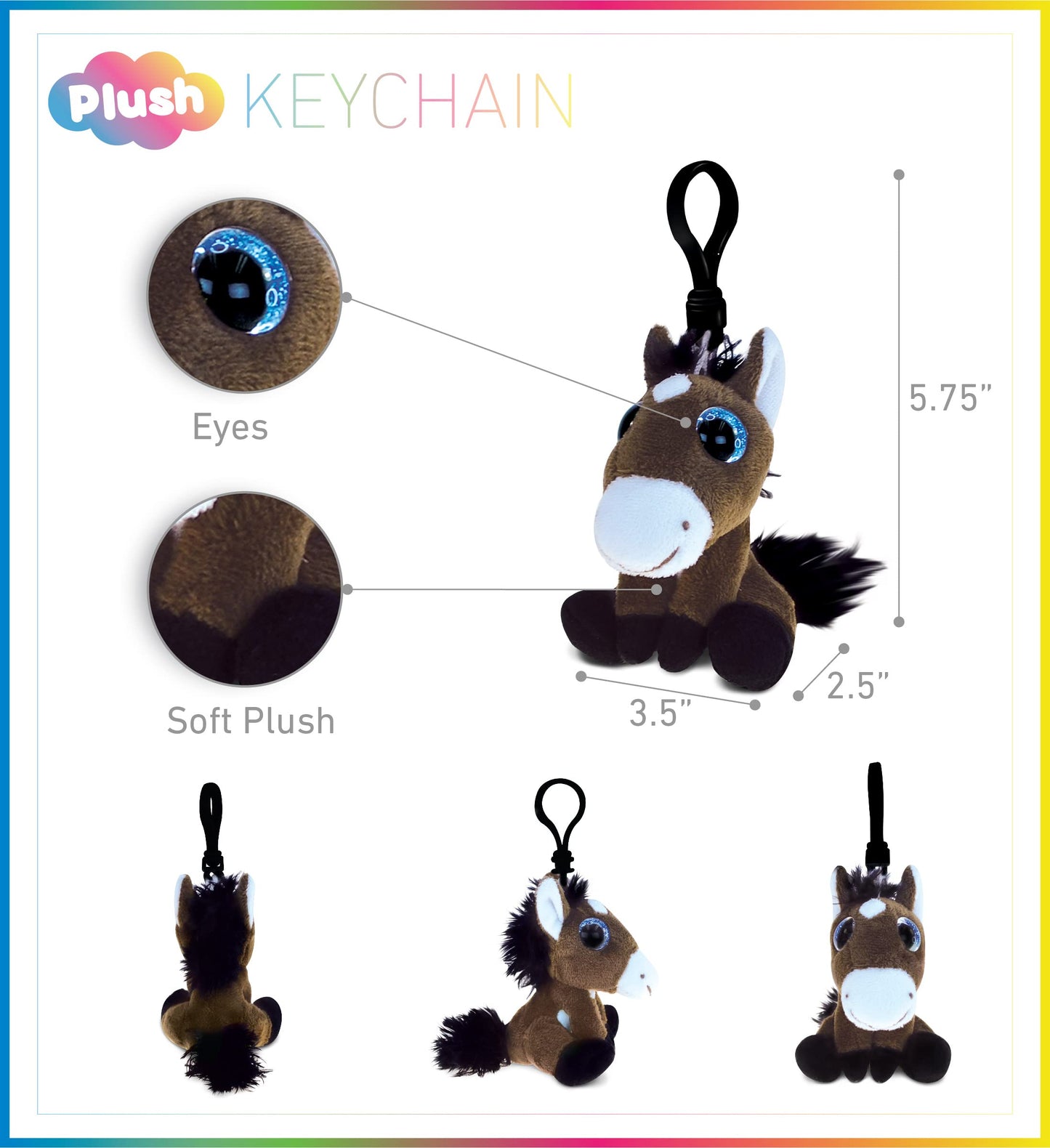 DolliBu Big Eyes Stuffed Animal Toy Keychain - Soft Horse Keychain Charm for Backpack, Handbag and Purse - 5.75 Inches