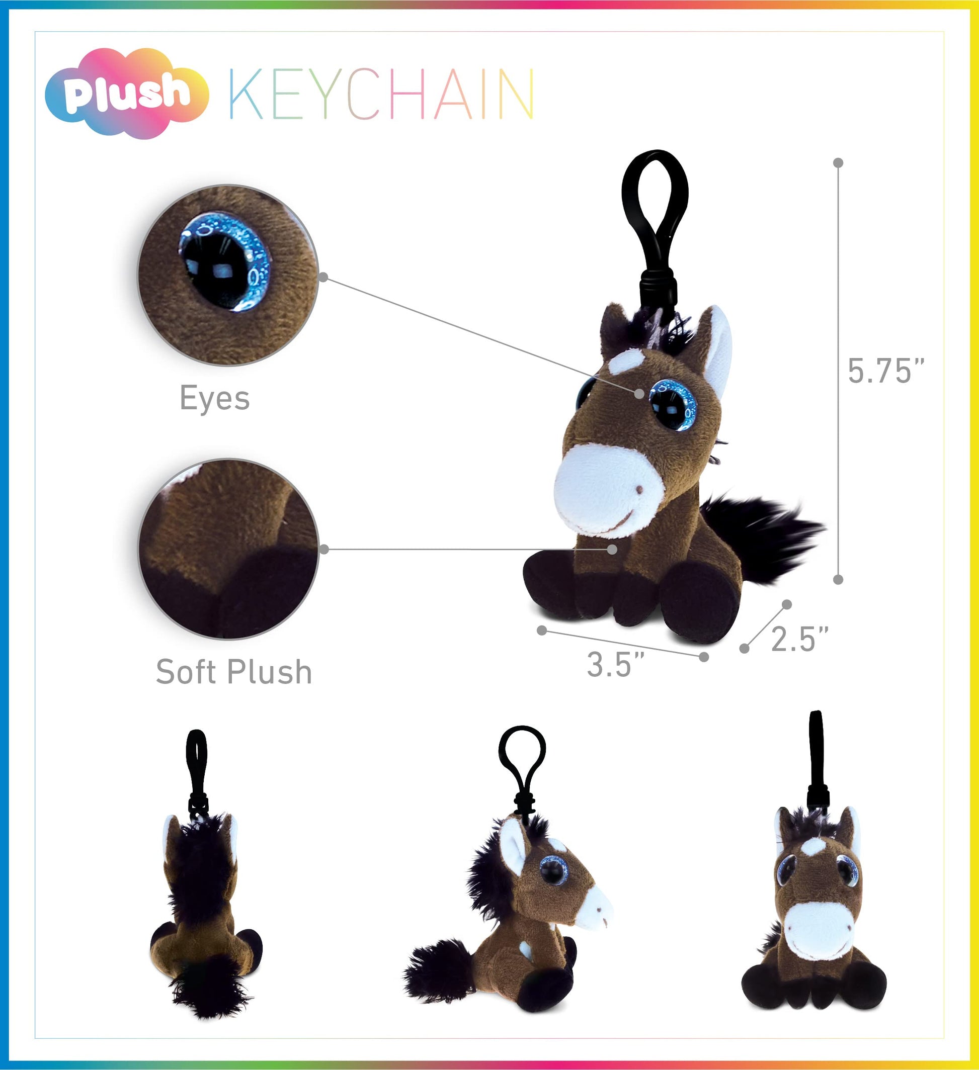 DolliBu Big Eyes Stuffed Animal Toy Keychain - Soft Horse Keychain Charm for Backpack, Handbag and Purse - 5.75 Inches