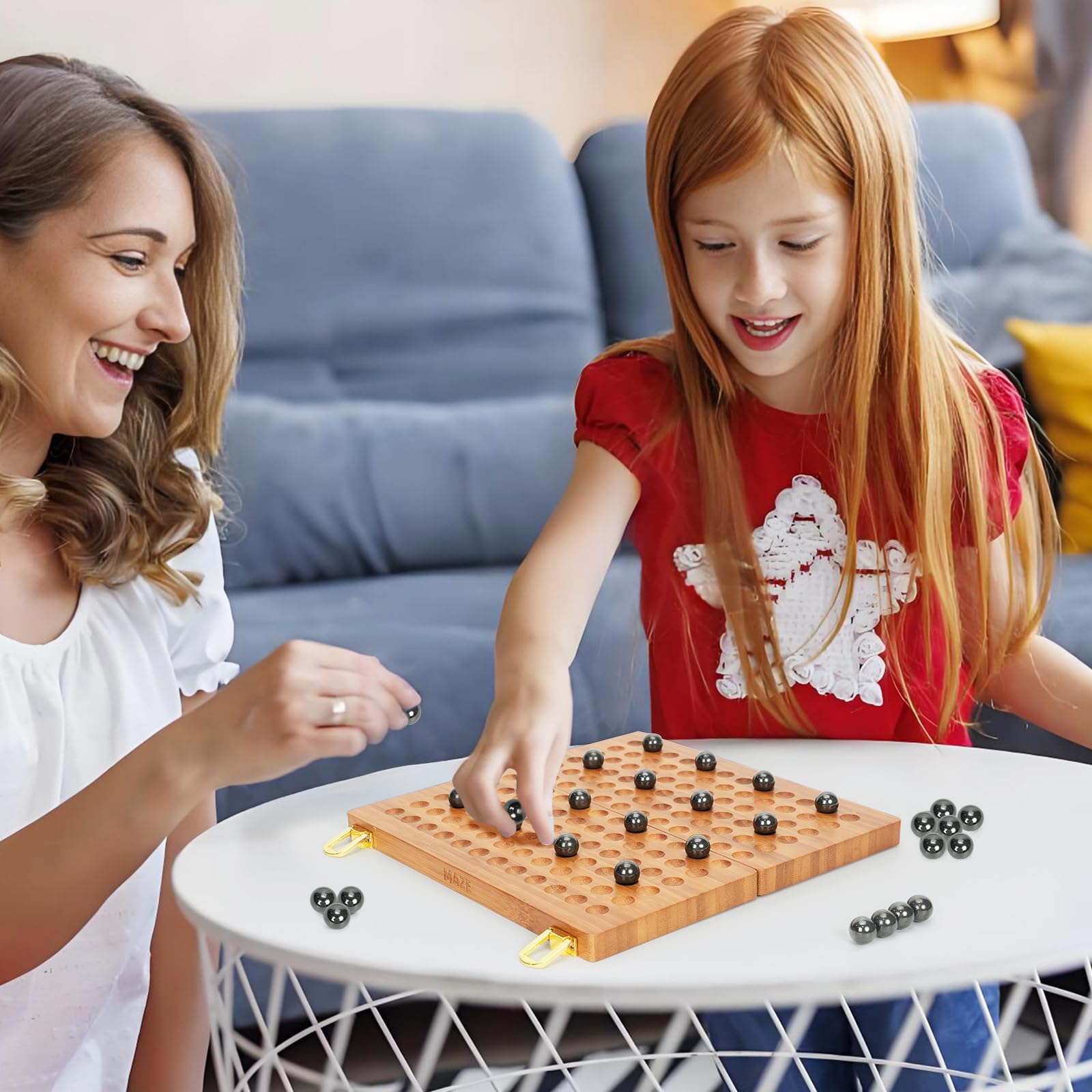 Wooden Magnetic Chess Game with 30 Piece Metal Balls, Magnet Game with Inner Storage Tray, Logical Strategy Game for Ages 6+