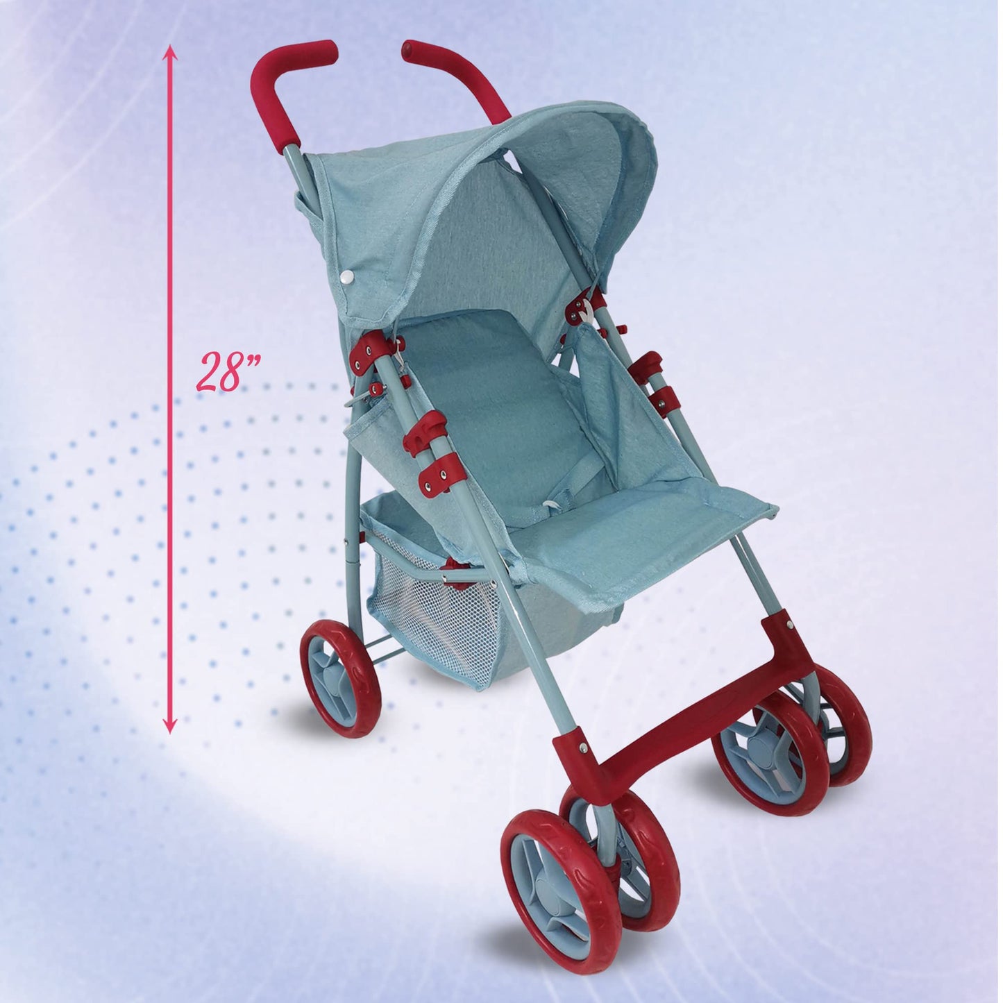 Baby Doll Stroller for Toddler Girls & Big Kids 6-8 Years Old | 28” Baby Stroller for Dolls, Toy Baby Stroller with Cute Ligh Denim Fabric, Mesh
