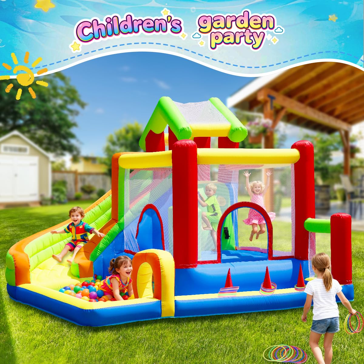 Mega Bounce House with Slide | 7-in-1 Inflatable Playground for Kids 3-10 | Giant Jump Area, Ball Pit, Basketball Hoop | Commercial-Grade Blower