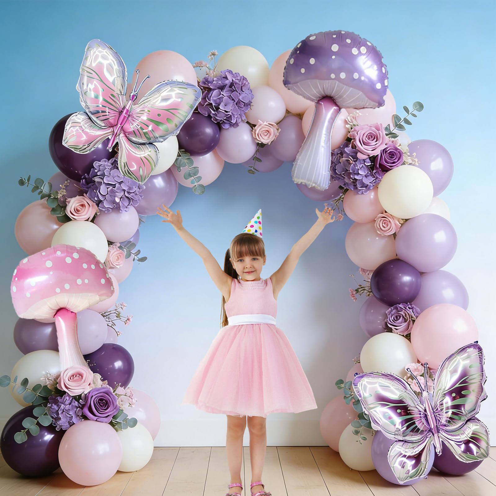 Pink Purple Mushroom Balloons Butterfly Balloons, 6 Pack Pastel Mushroom Butterfly Foil Balloon, Fairy Themed Party Decoration For Decorating Birthday