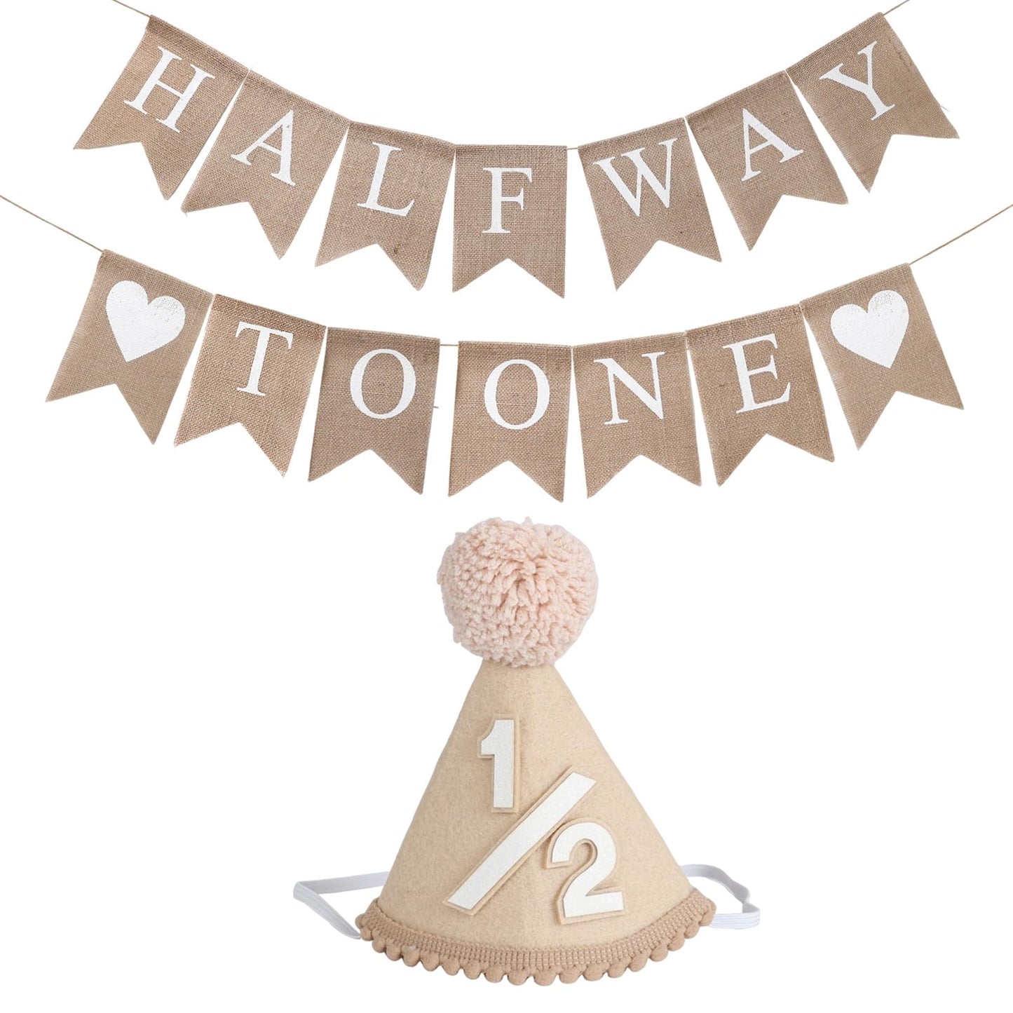 6 Months Beige Half Birthday Decorations With Half Way To One Banner And 1/2 Bir-thday Hat For Six Months Ha-Lf Year BD Decor-ations Boy Girls