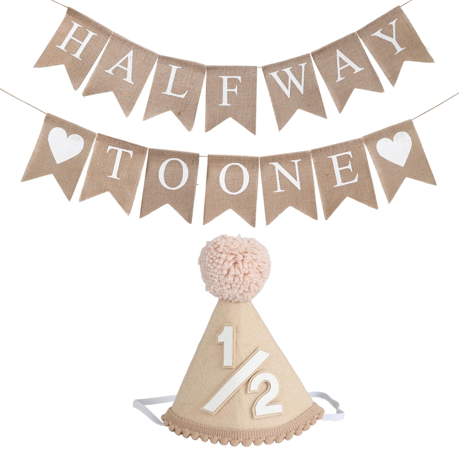 6 Months Beige Half Birthday Decorations With Half Way To One Banner And 1/2 Bir-thday Hat For Six Months Ha-Lf Year BD Decor-ations Boy Girls