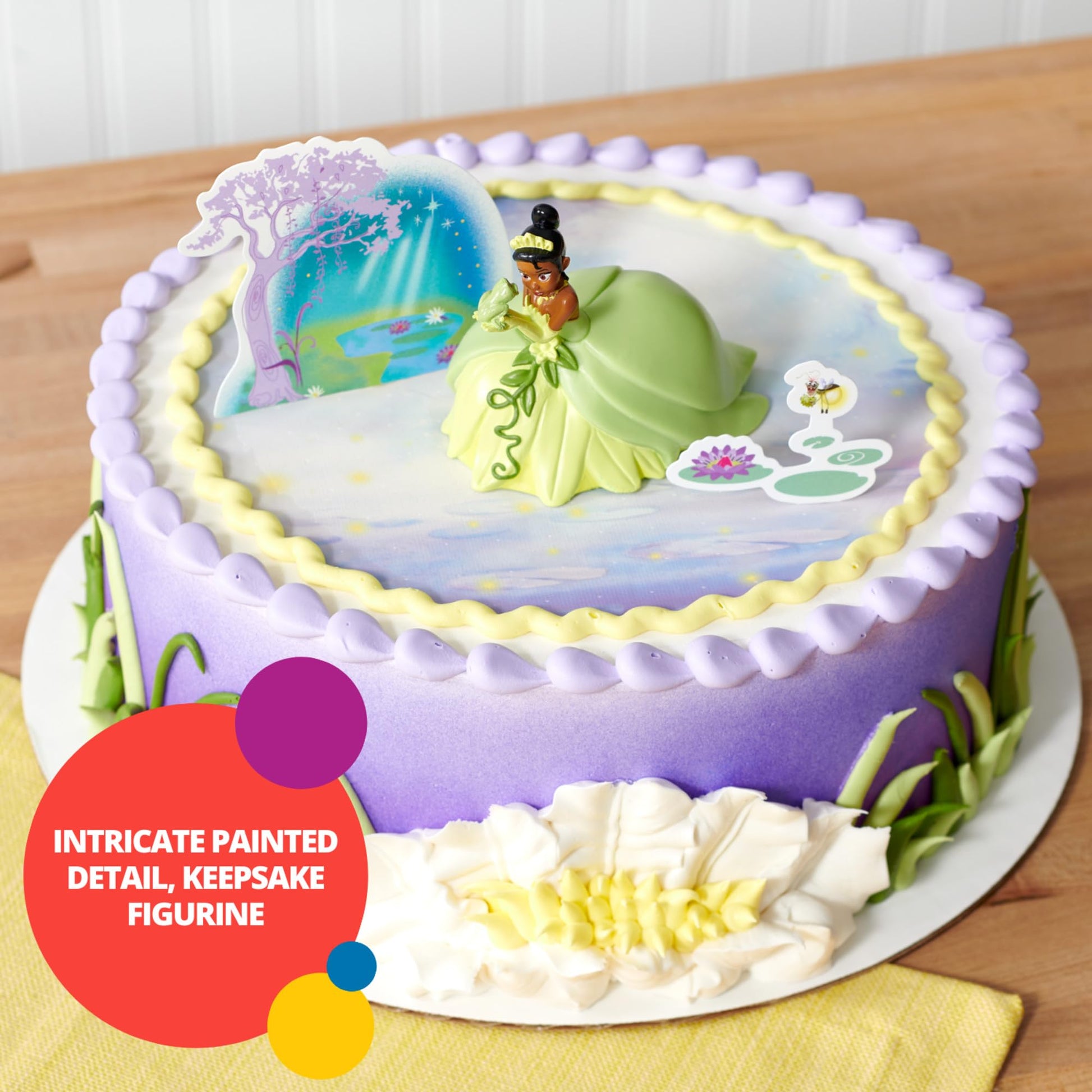 DecoSet® Disney Princess Tiana Cake Topper, 3-Piece Cake Decoration With Tiana And Frog Figurine, Water Lily Pic, And Background Scenery Pic