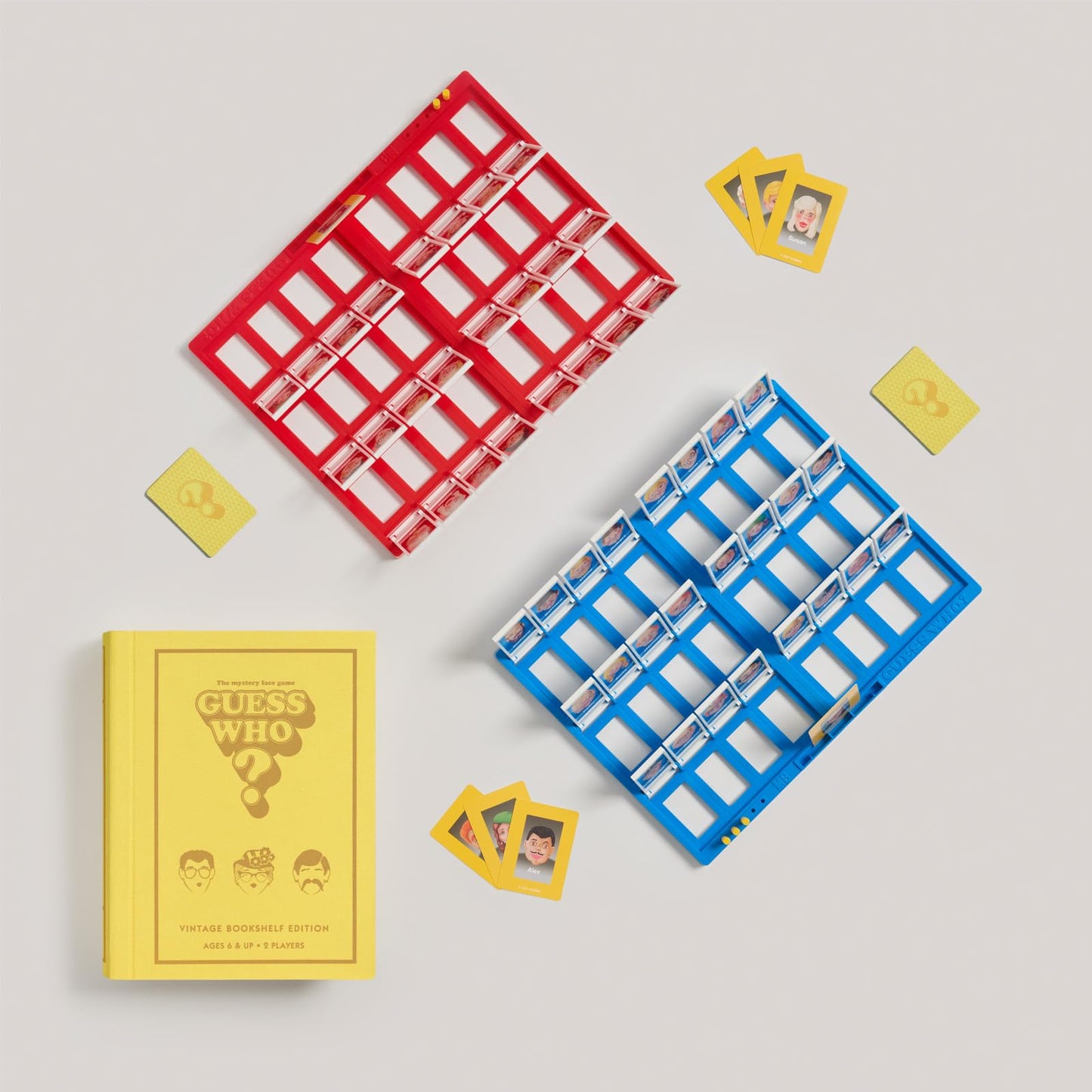 WS Game Company Guess Who? Vintage Bookshelf Edition, Linen Wrapped Book Box & Slipcase, Inspired by 1991 Version, Classic Board Games for Kids