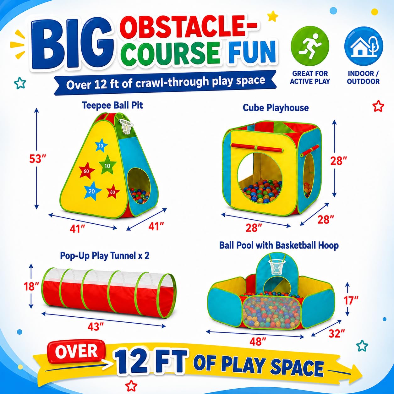 Kids Play Tent for Toddlers, 5pc Toddler Jungle Gym Playset with Ball Pit, Crawl Tunnel and Obstacle Course, Indoor Outdoor Playhouse Toy for Boys
