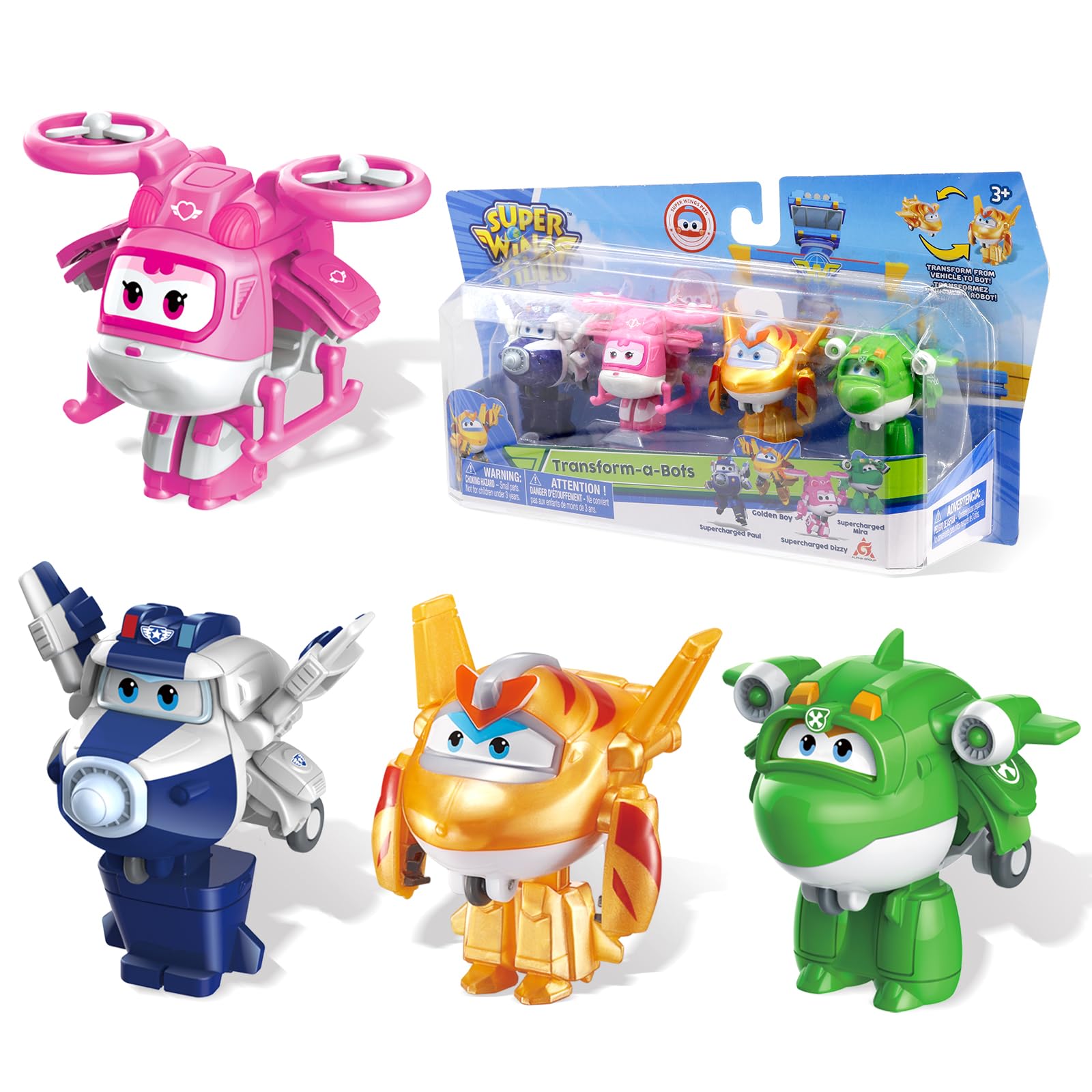 Super Wings 2" Transform-a-Bot 4-Pack, Supercharged Paul, Dizzy, Golden Boy, Mira, Airplane Toys Mini Action Figures, Preschool Toys for 3 4 5 Year