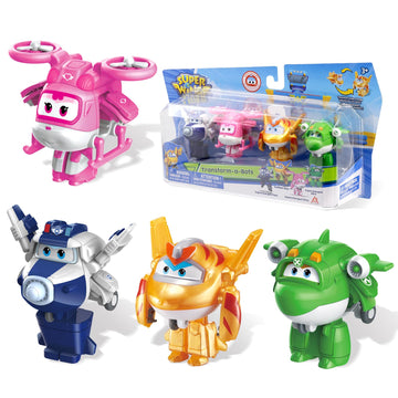Super Wings 2" Transform-a-Bot 4-Pack, Supercharged Paul, Dizzy, Golden Boy, Mira, Airplane Toys Mini Action Figures, Preschool Toys for 3 4 5 Year