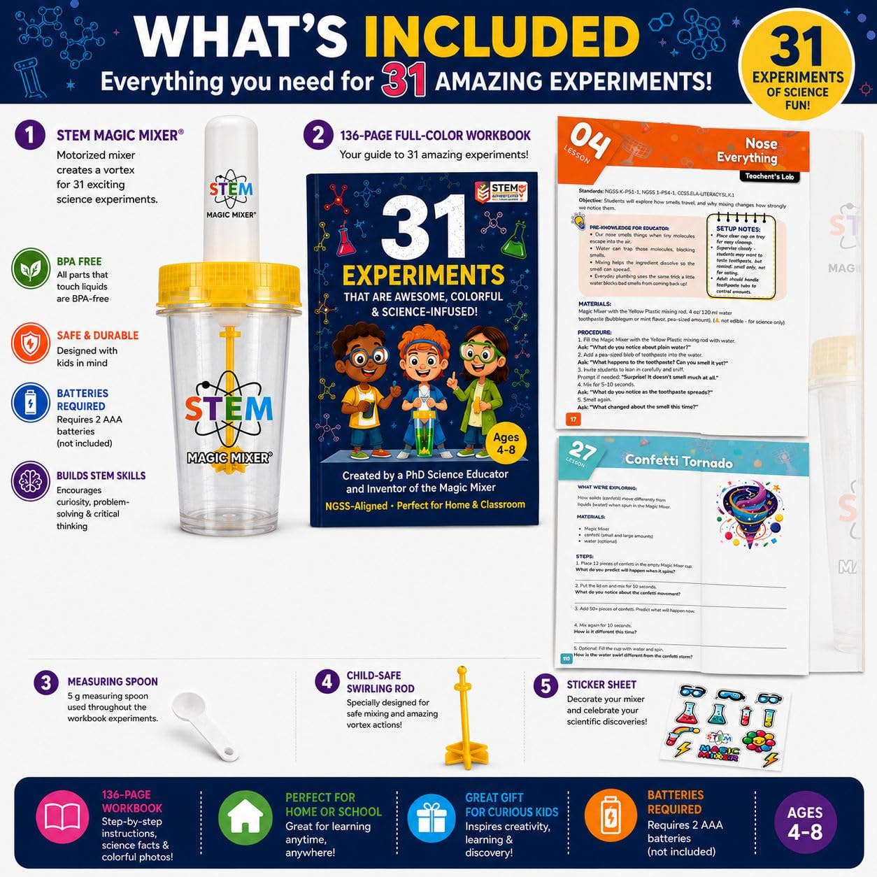 STEM Magic Mixer® Science Kit for Kids Ages 4-7 - 31 Hands-On STEM Experiments | Slime, Oobleck & Color-Changing Reactions | 136-Page PhD-Designed