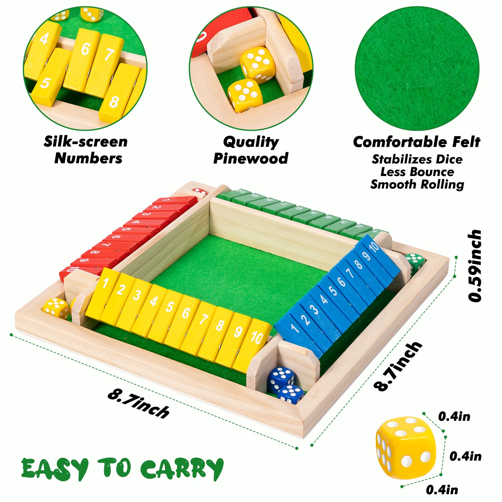 Shut The Box Dice Game,8 Dice 4 Players Wooden Board Table Math Skills Game with Drop it Game Instructions for Kids Adults Easy to Learn, Family