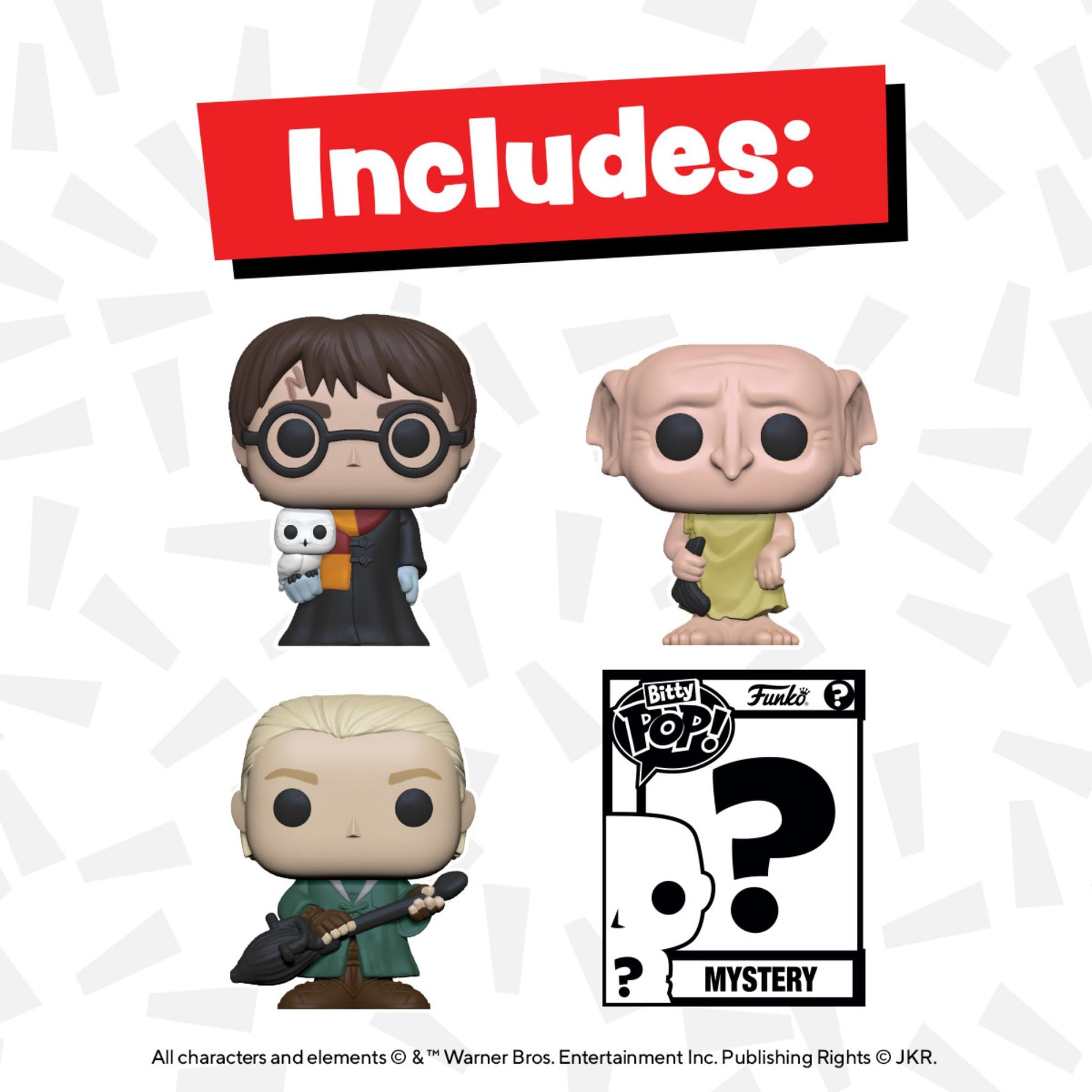 Funko Bitty POP! HP - Harry in Robe with Scarf, 4-Pack - Harry Potter, Draco Malfoy, Dobby and A Surprise Mystery Mini Figure - 0.9 Inch (2.2 Cm)