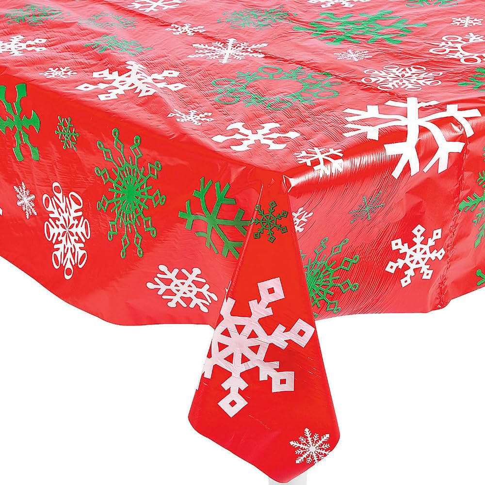 Fun Express Red Snowflake Printed Tablecloth Roll for Christmas (100 feet Long and Disposable) Party Supplies