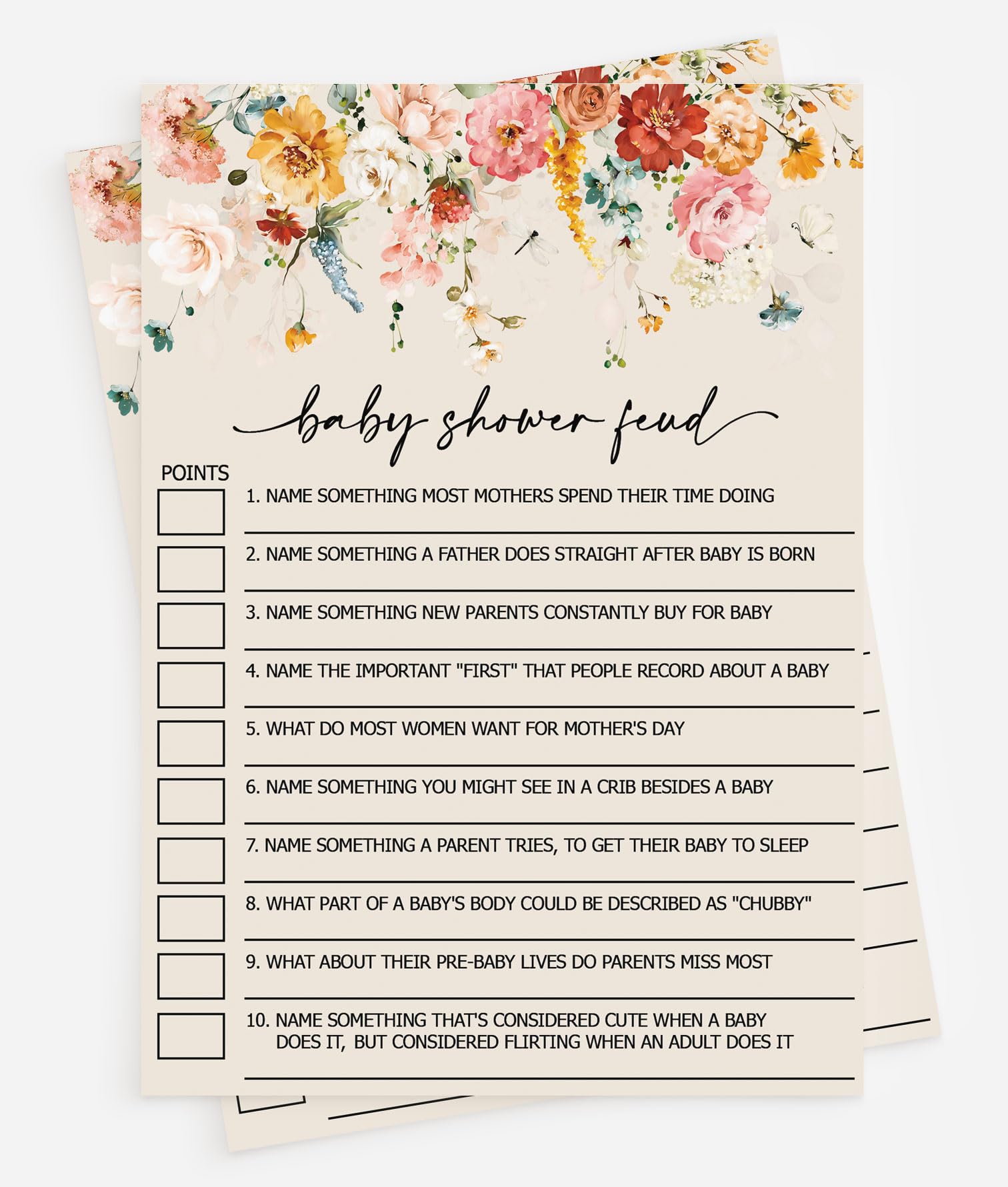 All Ewired Up 50 Baby Shower Family Feud Game Cards, Gender Neutral, Wildflower, Baby in Bloom