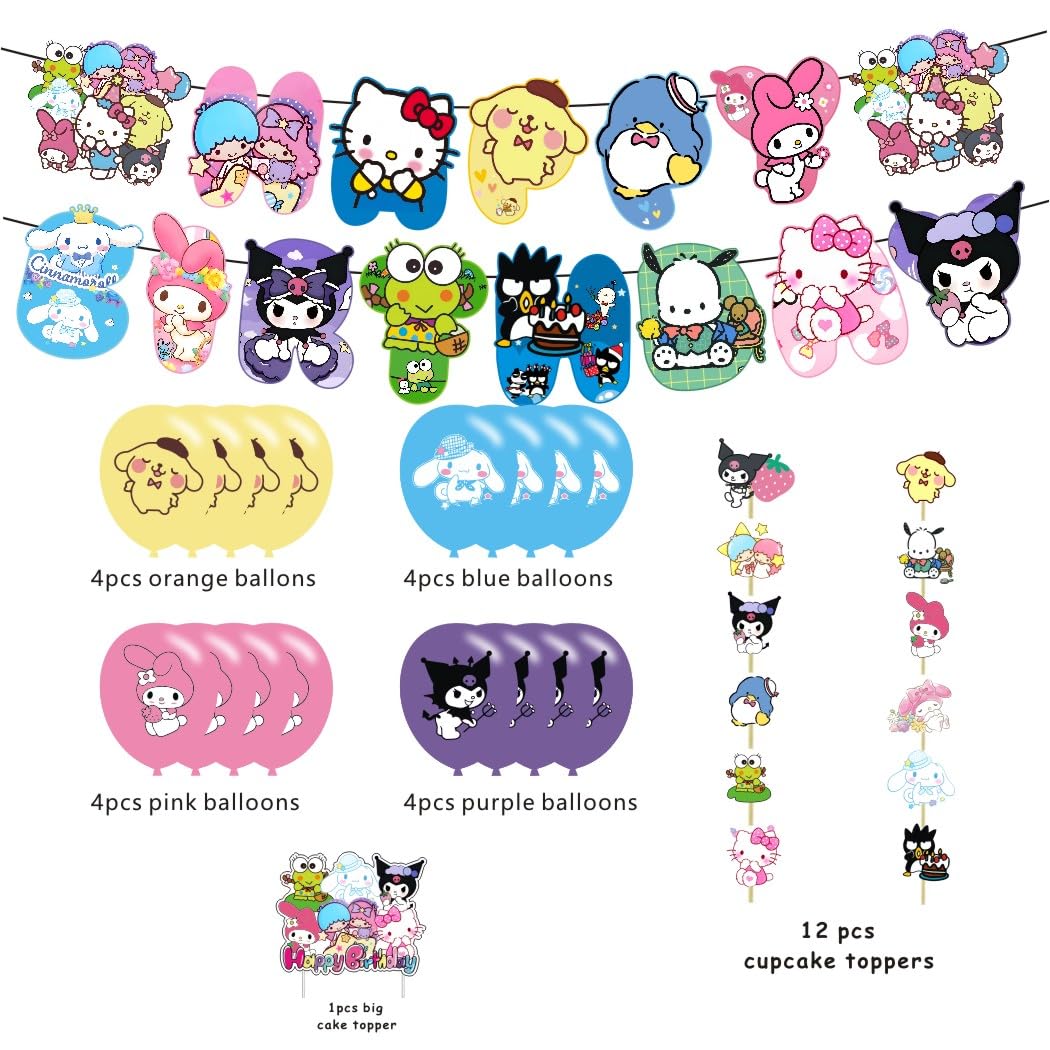 Kawaii and Friends Birthday Decorations,Kawaii and Friends Party Supplies Include Happy Birthday Banner, Cake Topper and Cupcake Toppers, Balloons