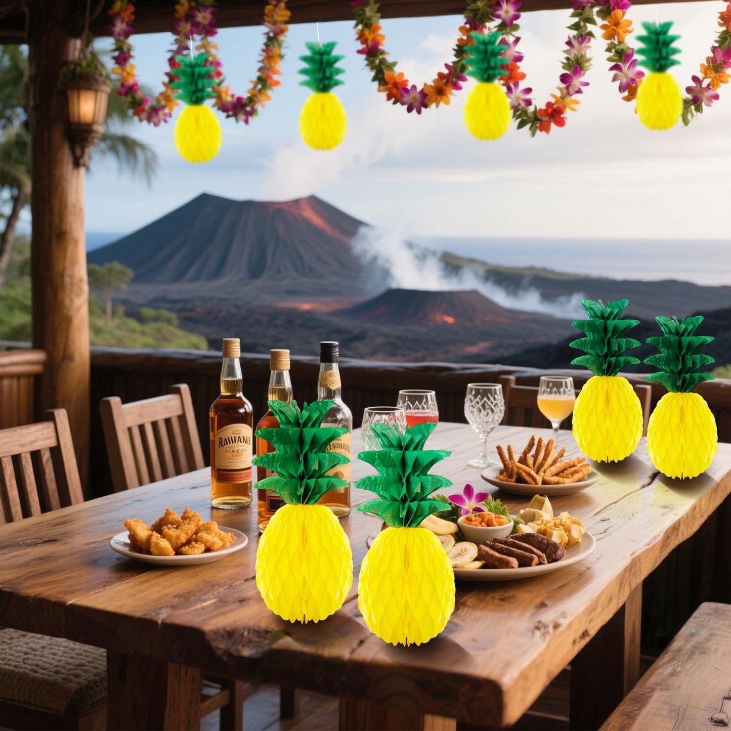 6 Pack 14 Inch Pineapple Honeycomb Decorations, Standing Tissue Paper Centerpieces, 3D Tropical Fruit Ornaments for Hawaiian Luau, Summer Pool, Beach