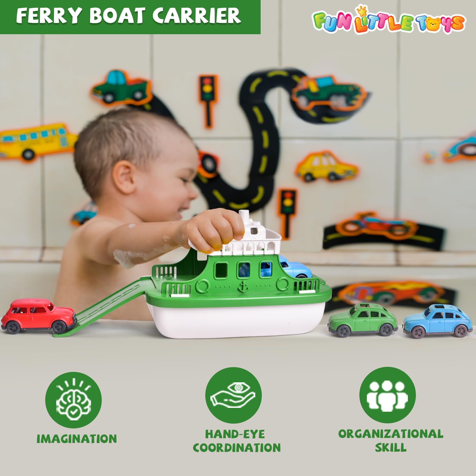 Ferry Boat Bath Toy with Mini Cars, Floating Water Play Set with Boat Squirters for Toddlers 1-3 & Kids Ages 4-8