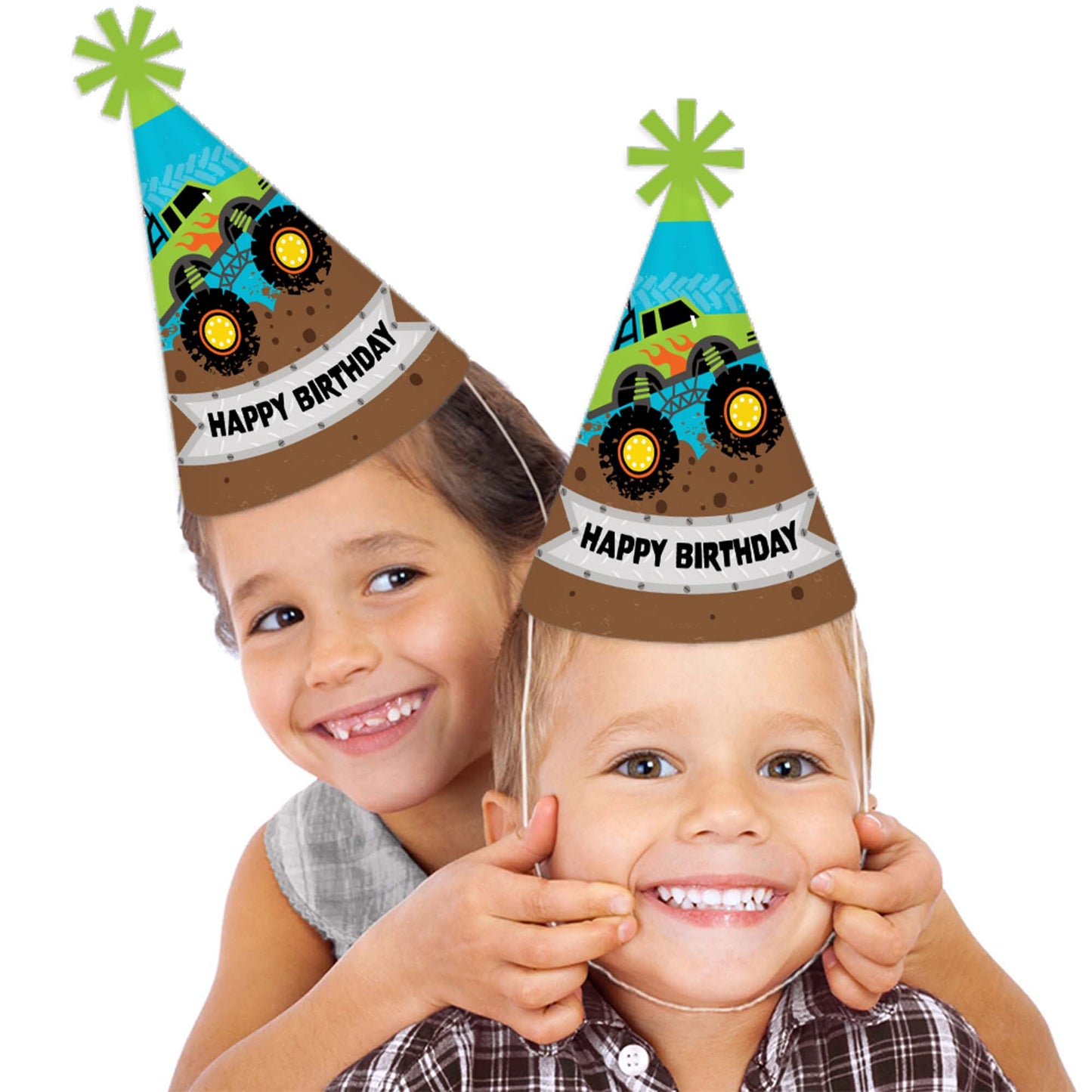 Big Dot of Happiness Smash and Crash - Monster Truck - Cone Happy Birthday Party Hats for Kids and Adults - Set of 8