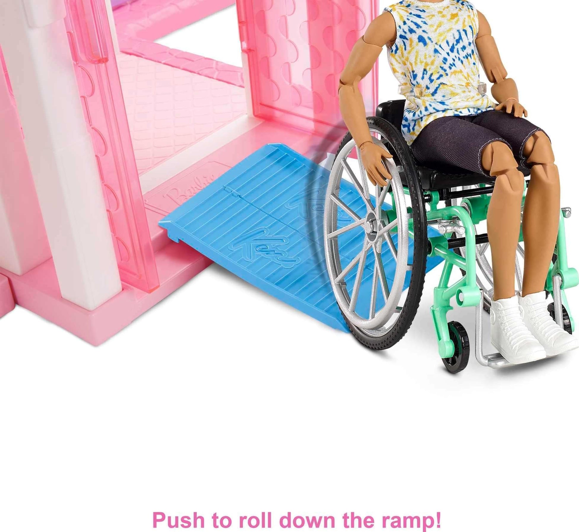 Barbie Ken Fashionistas Doll #167 with Wheelchair & Ramp Wearing Tie-Dye Shirt, Black Shorts, White Sneakers & Sunglasses, Toy for Kids 3 to 8 Years