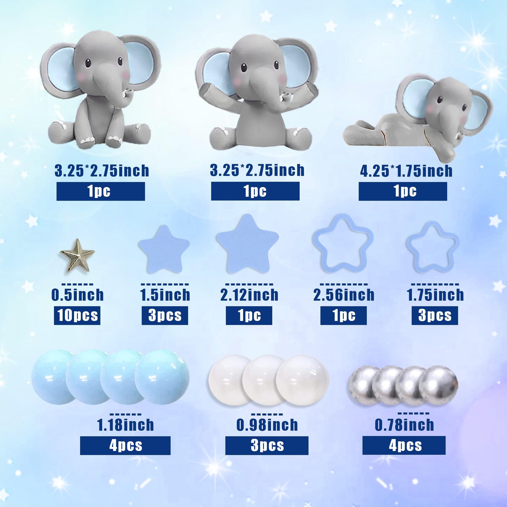 32 PCS Elephant Cake Decoration with Mini Elephant Blue White Pearl Balls for Elephant Theme Birthday Supplies (BLUE)