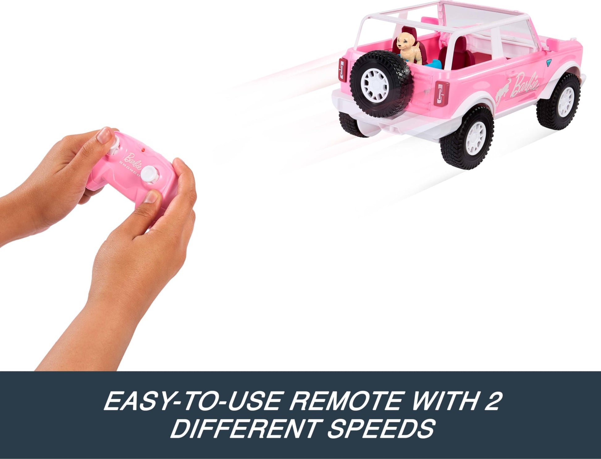Hot Wheels RC Barbie Ford Bronco Remote-Control Toy Car, RC Vehicle with Puppy Accessory, Dog Bed & Bowl, Plus Stickers for Customization, Fits 2