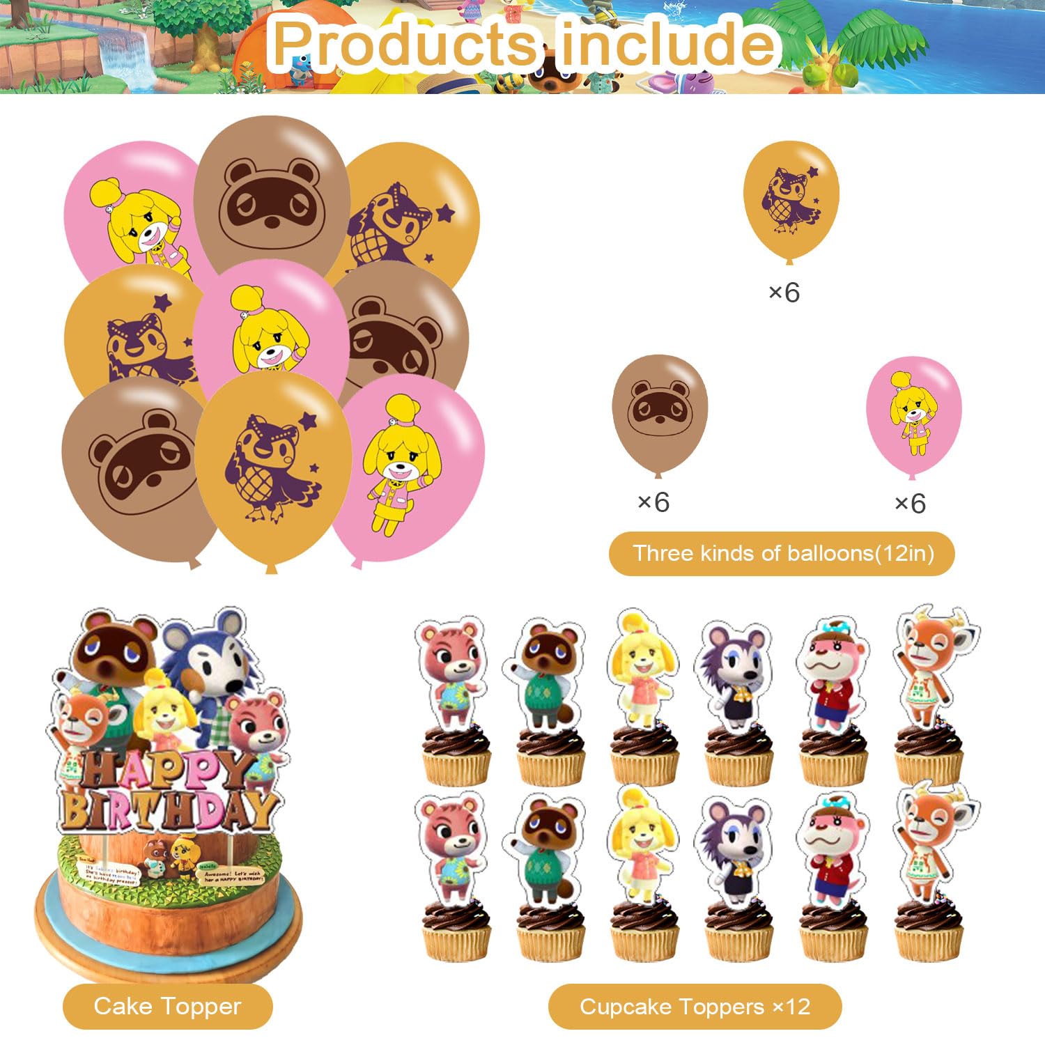 Animal Cross-ing Themed Birthday Party Supplies,Animal Game Balloons Decorations for New Horizons Party Happy Birthday Balloons, Cupcake Toppers, Cake