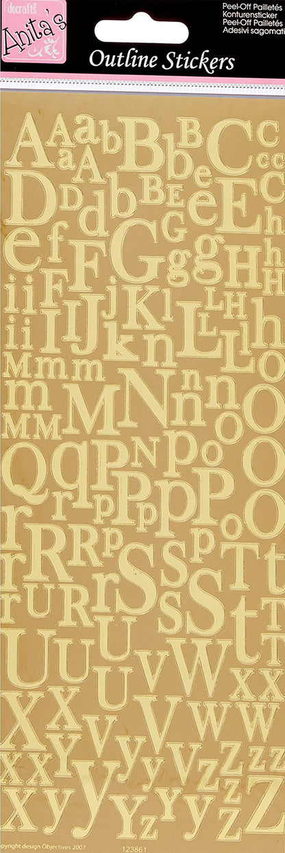 Anitas Outline Stickers, Mixed Serif Alphabets, Gold, for Scrapbooking, Card Making, Kids Play, Homework, Art, Craft, Embelish, Decorative, Paper