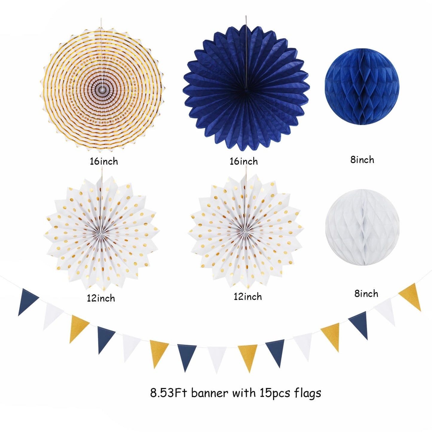 Navy-Blue White Gold Party-Decorations - 20pcs Graduation 2026 Paper Lanterns Fans,Tissue Pom Poms,Honeycomb Ball,Birthday Bridal Celebration