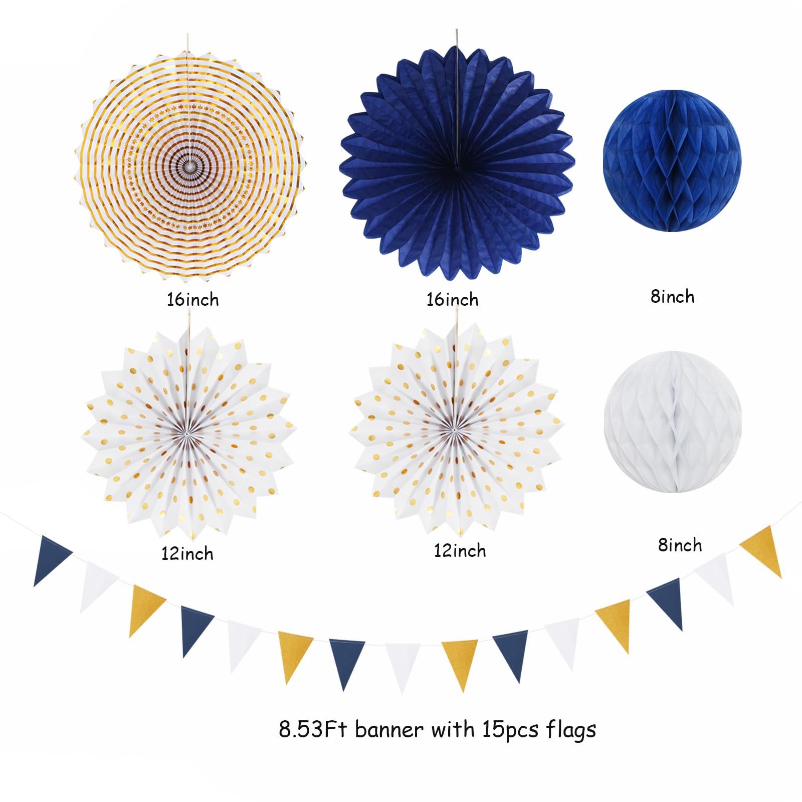 Navy-Blue White Gold Party-Decorations - 20pcs Graduation 2026 Paper Lanterns Fans,Tissue Pom Poms,Honeycomb Ball,Birthday Bridal Celebration