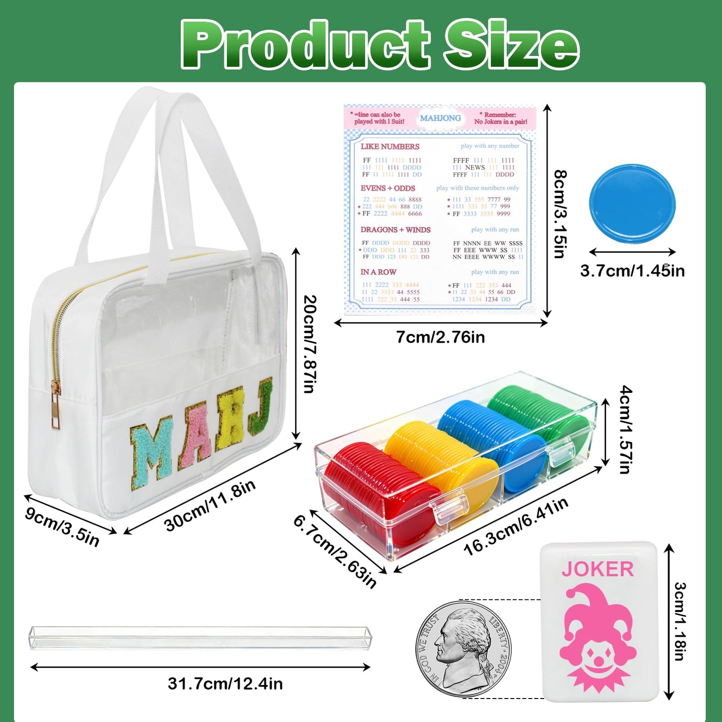 Mini Mahjong Set, American Mahjong Game Set Include 166 Premium Tiles (1.2’’), 1 Bag, 100 Chips, 4 Tile Rulers, 4 Dice, 5 Instruction Manuals