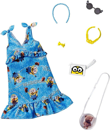 Barbie Storytelling Fashion Pack of Doll Clothes Inspired by Minions: Denim Dress and 6 Accessories Dolls, Gift for 3 to 8 Year Olds