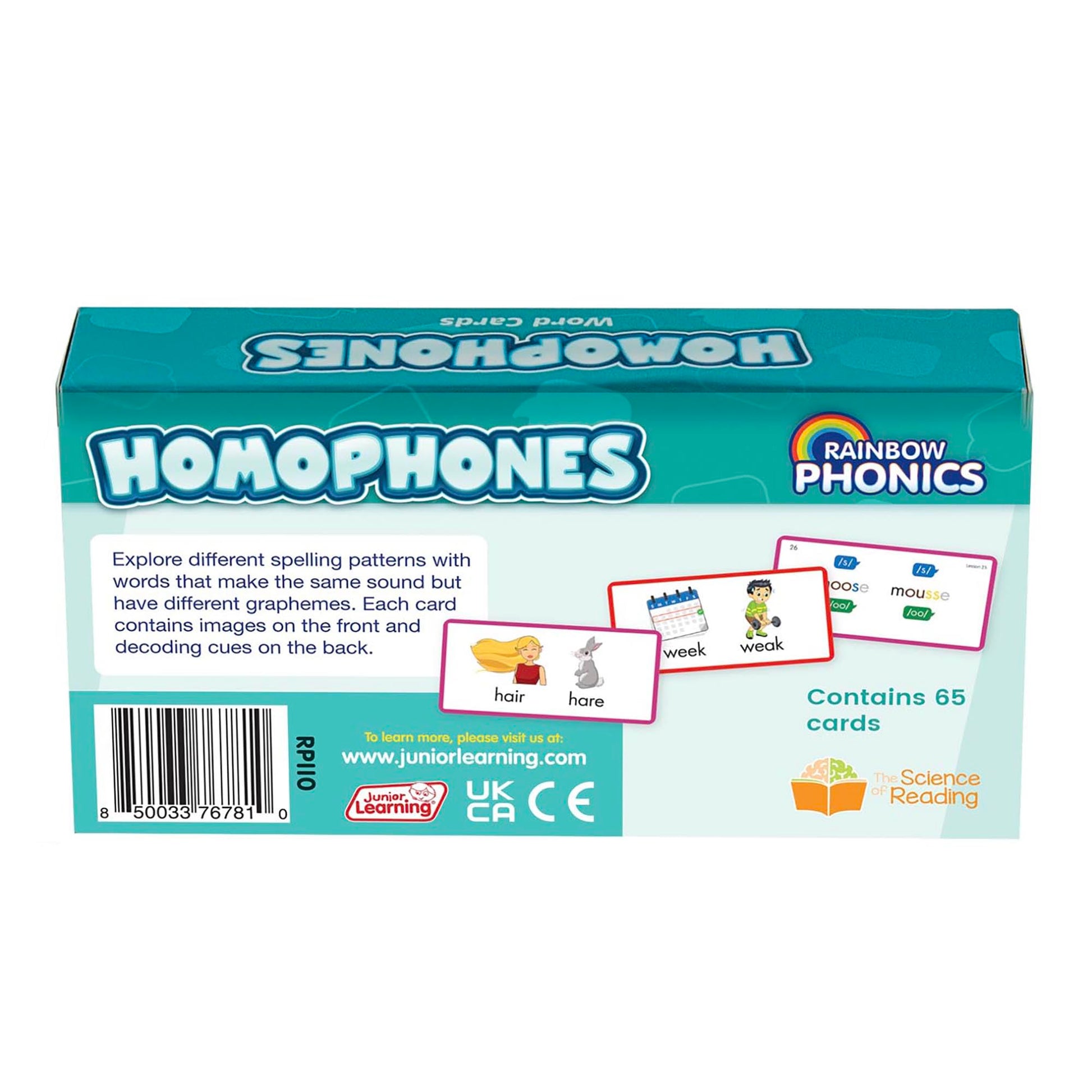 Junior Learning: Rainbow Phonics - Homophones - 65 Word Cards, Flash Cards with Sound & Spelling Association, Level Based Cards, Kids Ages 4+