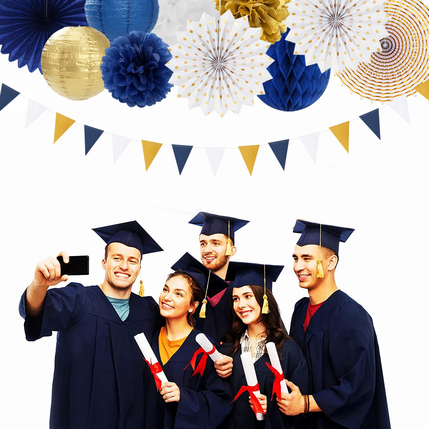Navy-Blue White Gold Party-Decorations - 20pcs Graduation 2026 Paper Lanterns Fans,Tissue Pom Poms,Honeycomb Ball,Birthday Bridal Celebration