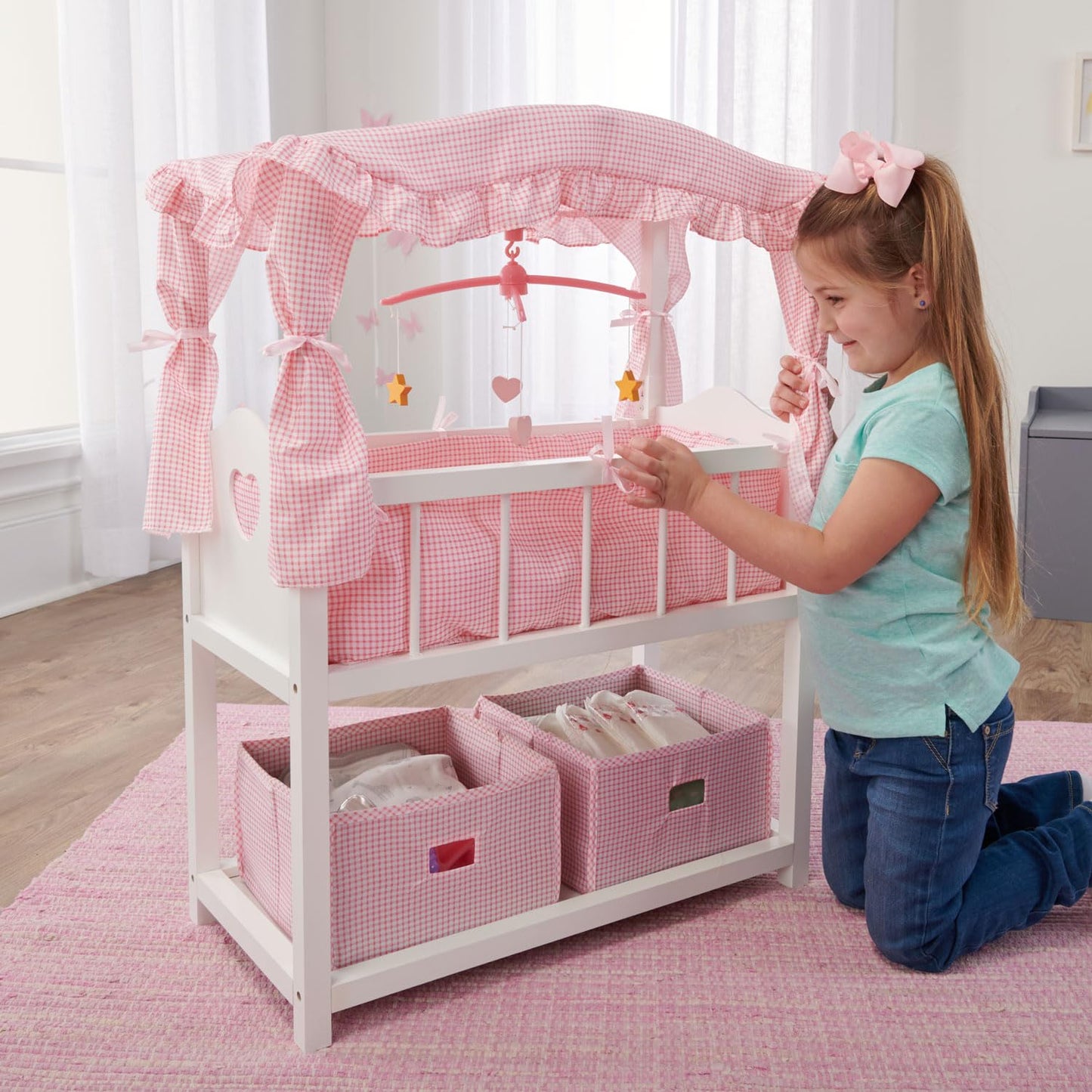 Badger Basket Doll Crib with Bedding, Storage Baskets, Mobile & Personalization Kit - Ideal Nursery Set for Dolls Up to 22 Inches, Best for Doll