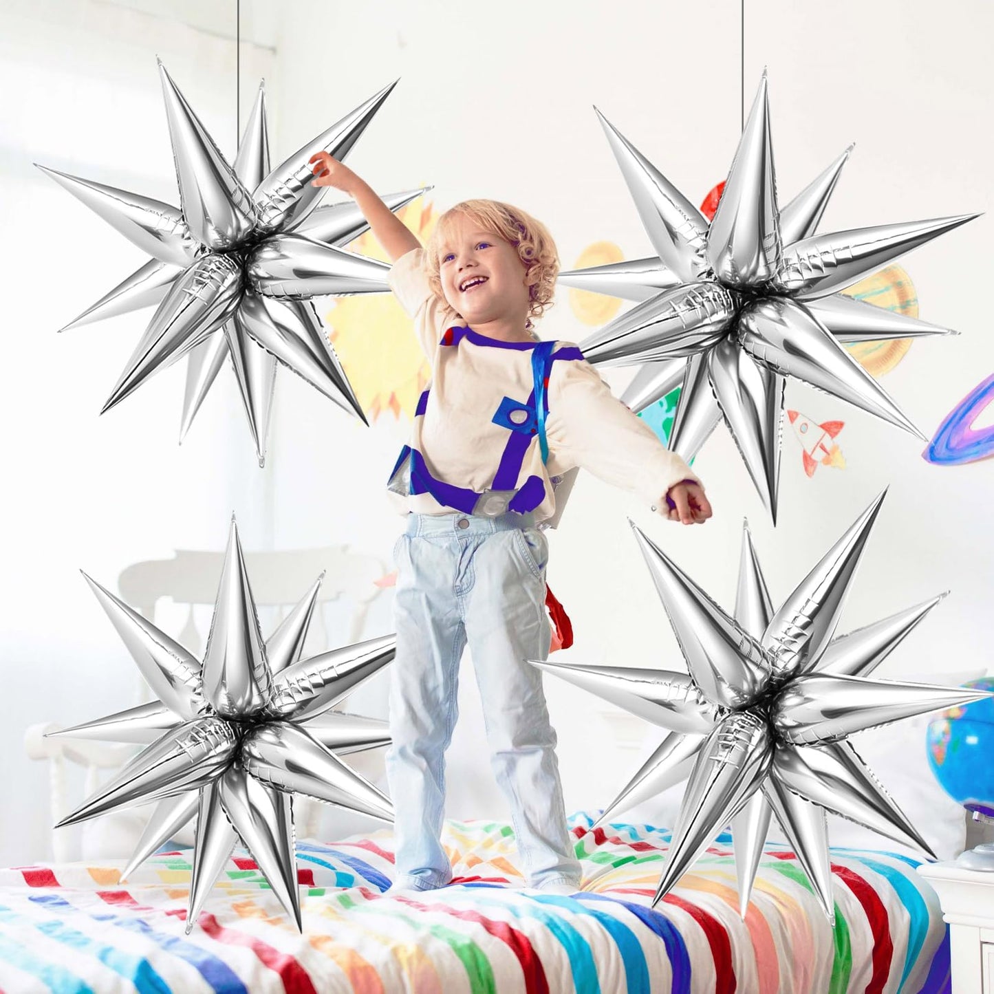 74 PCS Silver Star Balloons, 12 Point Star Foil Mylar Balloons Spike Explosion Cone Balloon for Party Decorations Supplies, Birthday, Wedding, Baby