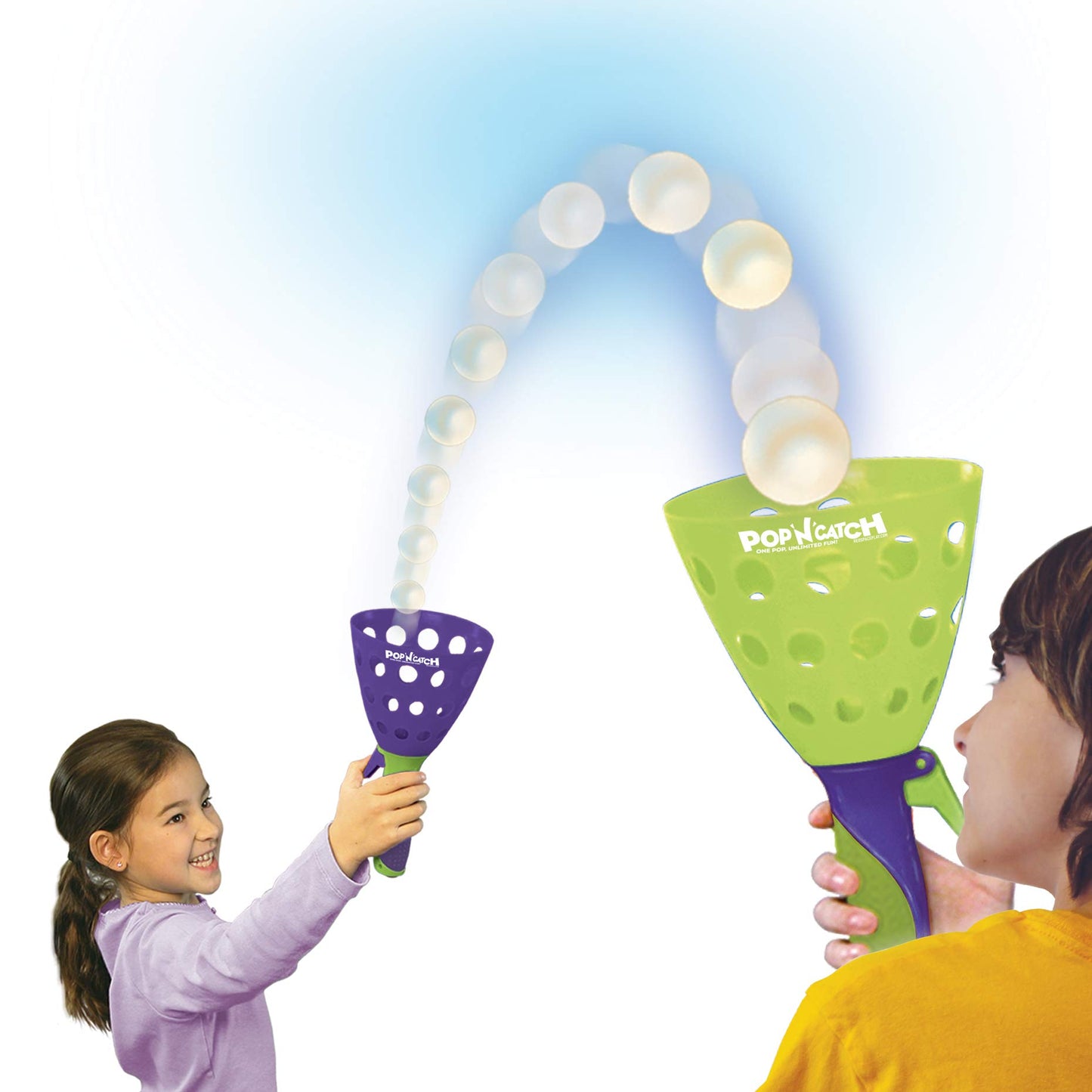 Geospace Original POP 'N Catch Family Skill Game with 2 Launchers - Launch & Catch The Ball for Hours of Fun! Perfect for Backyard, Beach or Tailgate
