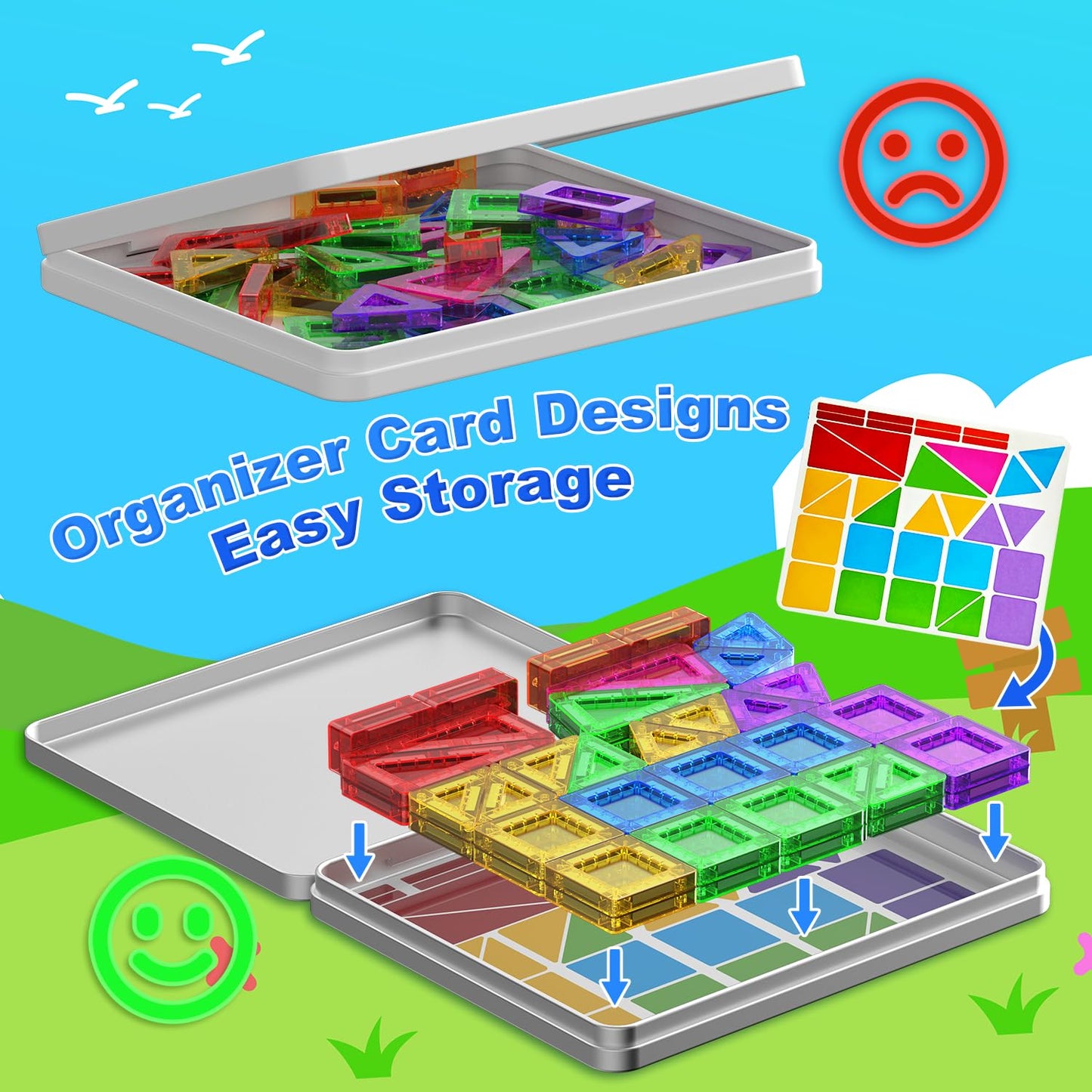 GleamJoy Mini Magnetic Tiles, 58PCS Travel Magnetic Tiles with Iron Box, STEM Educational Construction Toys for Kids Ages 3+, Portable Building Toys