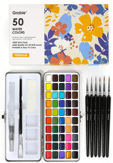Grabie 50 Colors Watercolor Paint Set, Detail Paint Brush Included, Watercolor Paints, Painting Sets, Art Supplies for Painting, Travel Watercolor