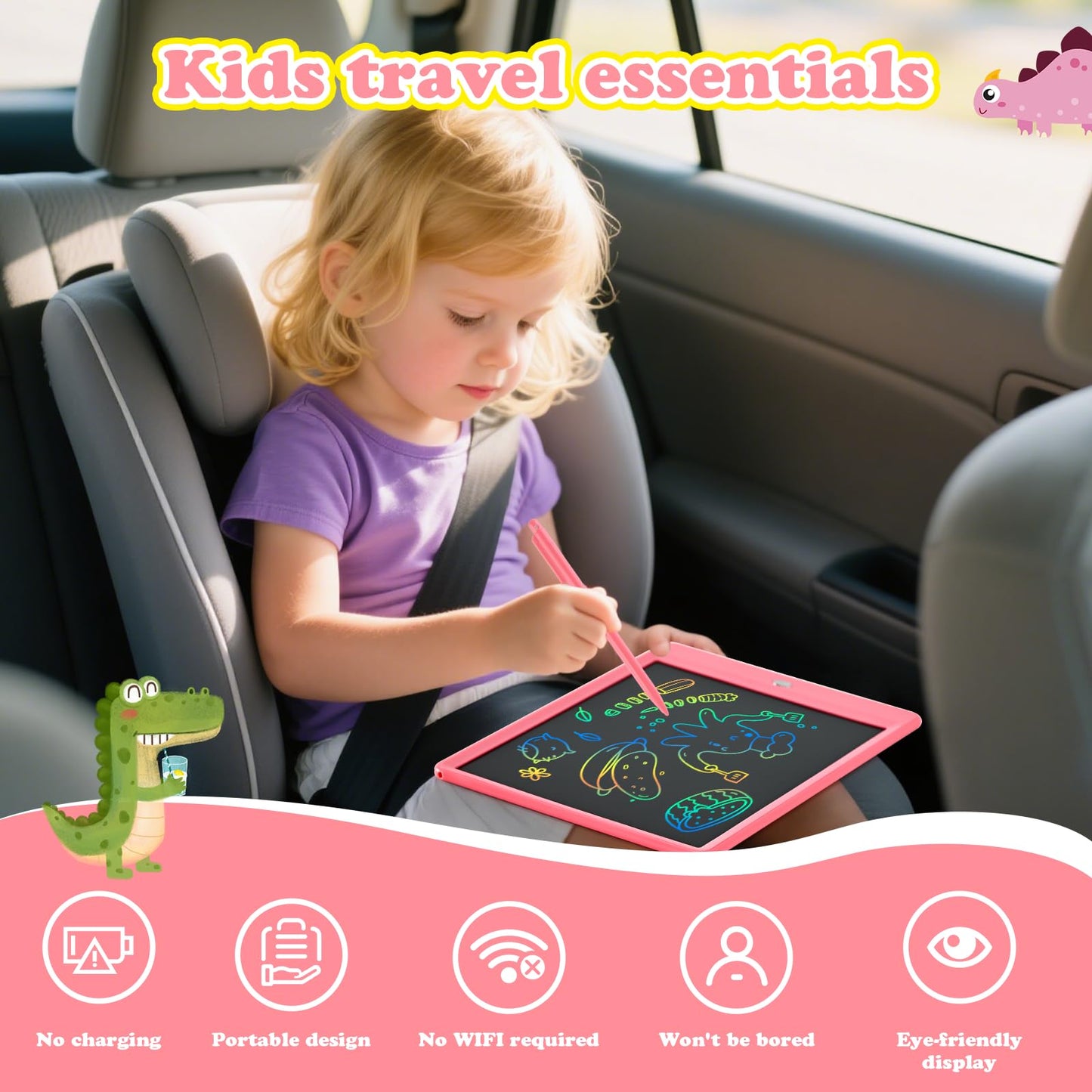 EooCoo LCD Writing Tablet for Kids, Road Trip Essentials 10 Inch Kids Drawing Pad, No Mess Coloring Books for Toddler, Travel Toys Airplane