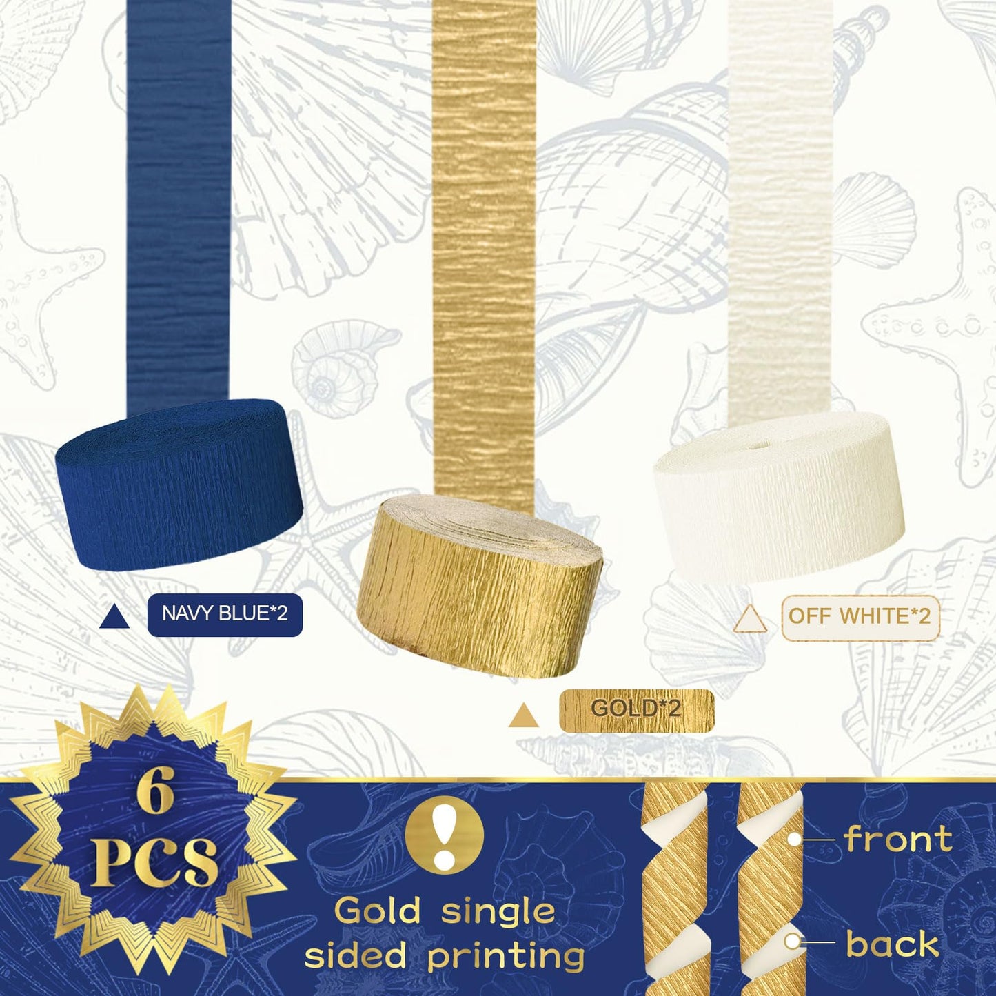 NICROLANDEE Navy Blue Party Decorations - 6 Rolls Navy Blue Gold Ivory Crepe Paper Streamers Tassels Paper for Graduation Party Bridal Shower Wedding