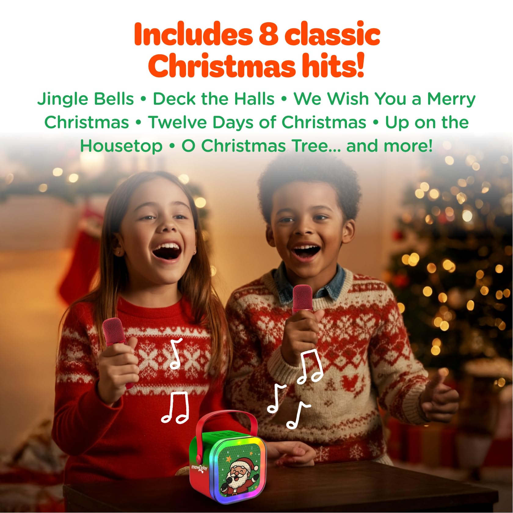Move2Play, Christmas Karaoke Machine | Festive Soundtrack & Voice Effects | Includes 2 Microphones | Bluetooth Wireless Music Player | Indoor &