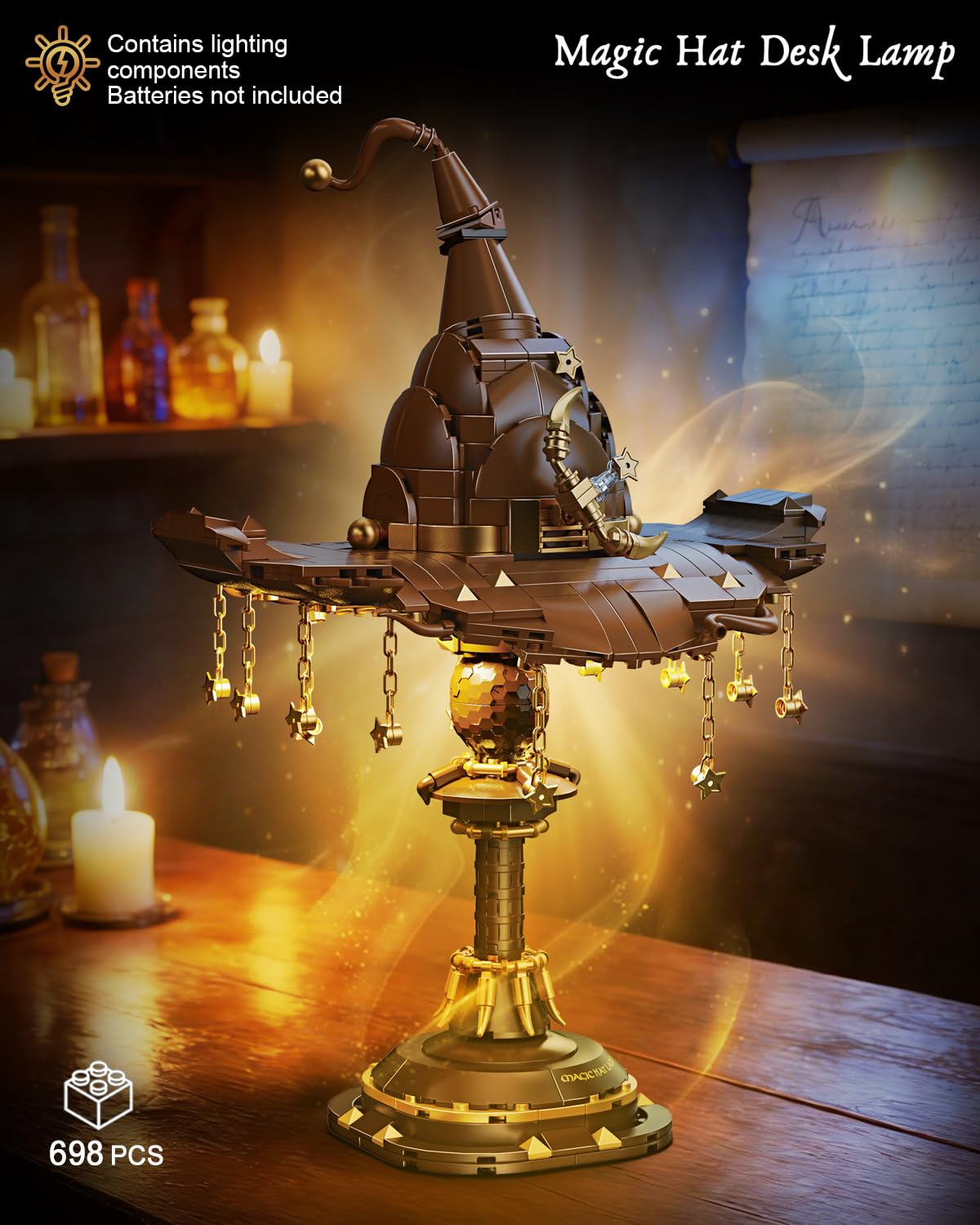 Fitaiengal Magic Hat Lamp Building Set Compatible with Lego- 698 PCS Brown & Gold Stars Night Light Kit - Gothic Desk Decor & Mystical Academy Gift