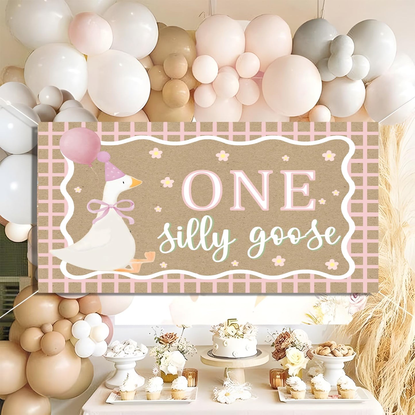 Goose Pink Banner for One Silly Goose Birthday Decor Girl Pink Silly Goose First Birthday Backdrop for Girls First Birthday