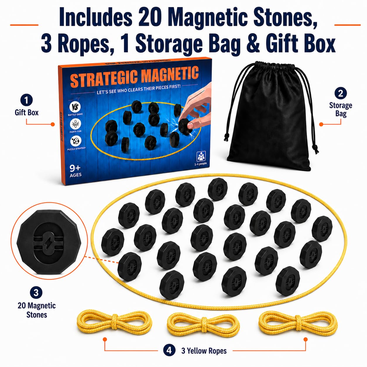 Fouwoqi Magnet Game with String, 20 Full-Size Magnetic Stones & 3 Ropes, Portable Magnetic Chess Strategy Game for Family Game Night, Party, Travel