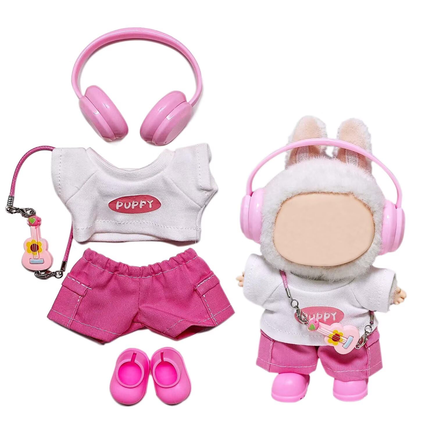 5pcs for Labubu Clothes Set Cute Outfit for 17cm Doll Clothing and Accessories Shoes (No Doll) (Pink)