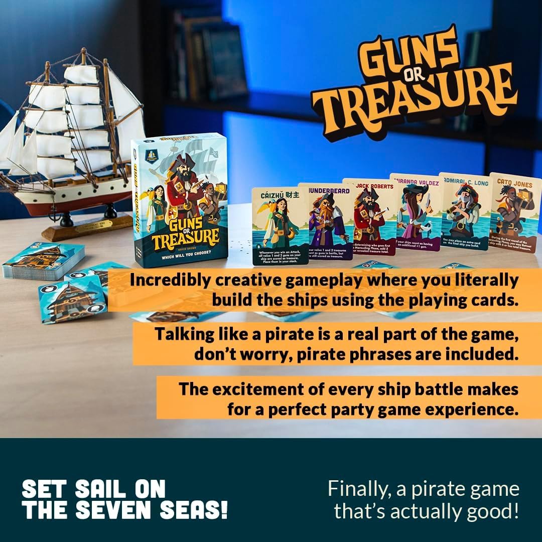 Guns or Treasure | 2-6 Players | Ages 8+ | Fast & Easy to Learn Pirate Party Card Game | Family Friendly Fun for Game Night | Perfect Board Game