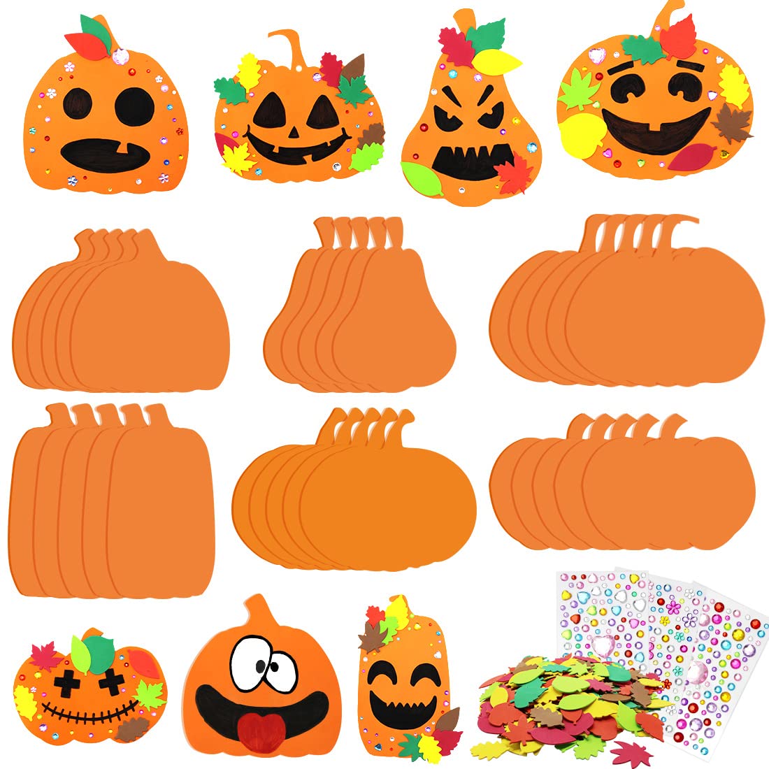 Hifunwu 30Pcs Halloween Foam Pumpkin Craft Kit Decorations with Foam Fall Maple Leaves Rhinestone Stickers for Halloween Thanksgiving Art Crafts