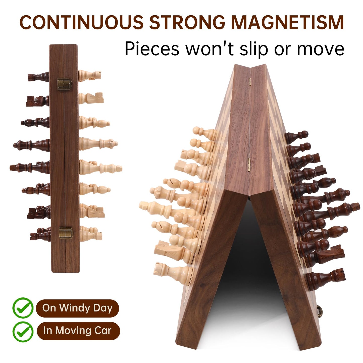 Ajedrez Magnetic Wooden Chess Set, 15" Walnut Folding Chess Board with Handcrafted Pieces 2 Extra Queens, Portable Travel Chess Board Game for Adults